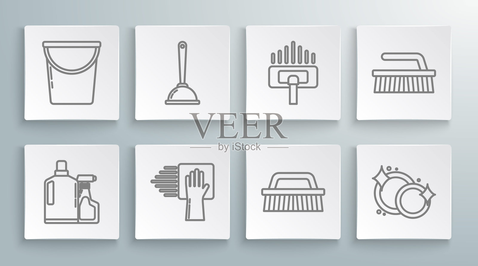 设置塑料瓶液体洗碗液，马桶柱塞，清洁服务，刷清洁，洗碗，吸尘器，桶图标。向量图标素材