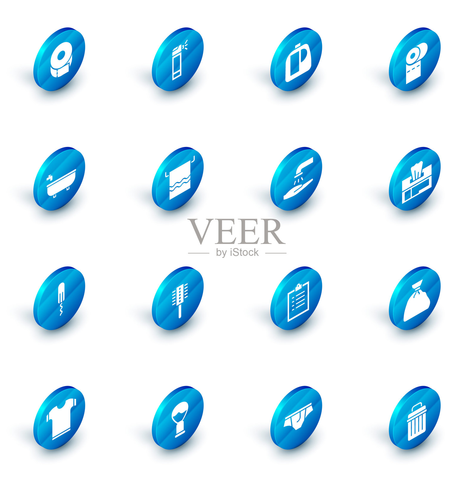 设置瓶子喷嘴喷雾，瓶子清洁剂，卫生纸卷，浴缸，卫生棉条，毛巾衣架，湿纸巾包和洗手皂图标。向量图标素材