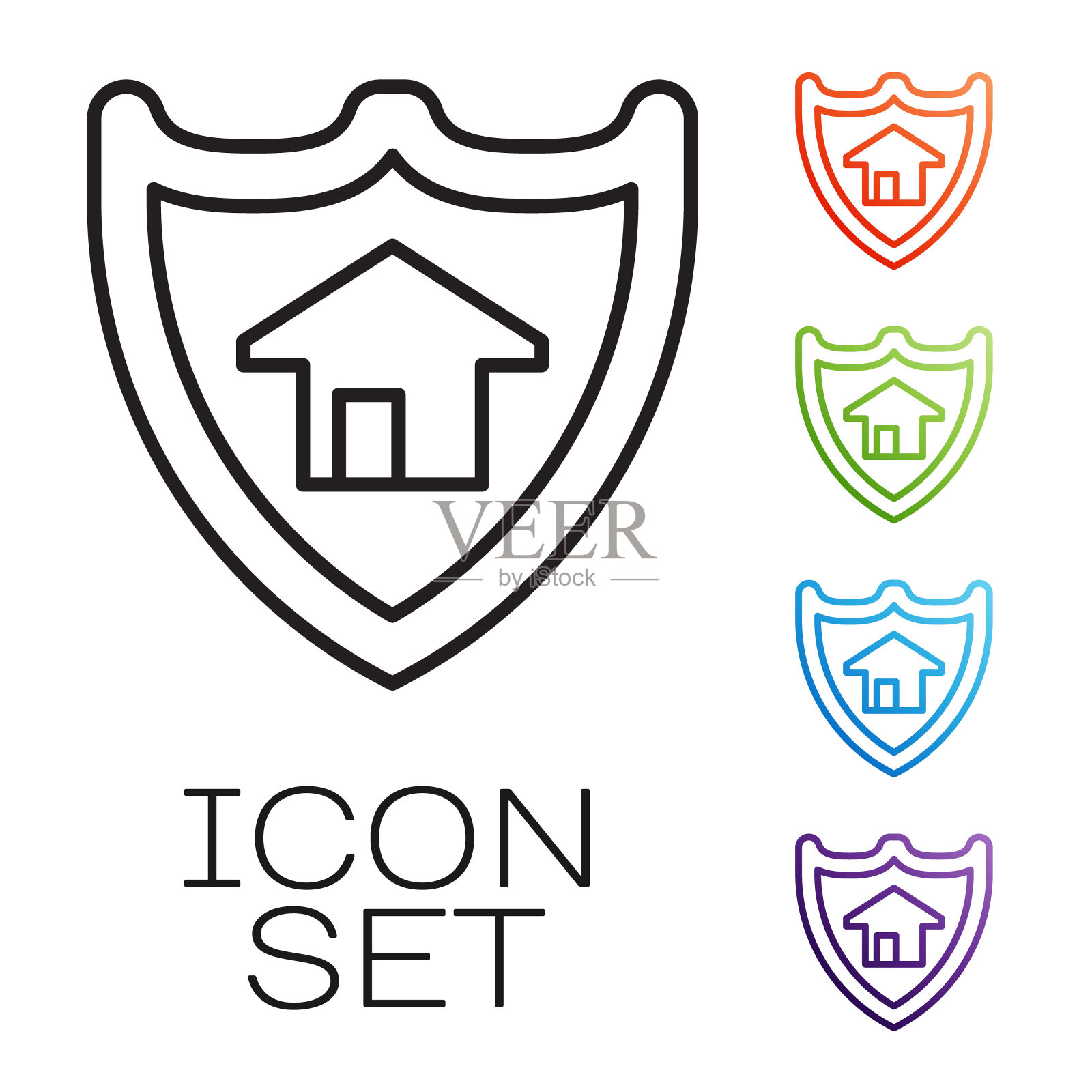 黑线房屋与盾图标隔离在白色背景。保险的概念。安全、安全、保护、保护理念。设置图标丰富多彩。向量图标素材