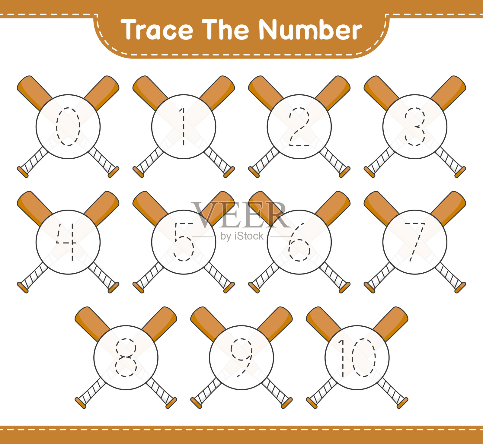 跟踪号码。用棒球棒追踪号码。教育儿童游戏，可打印的工作表，矢量插图插画图片素材