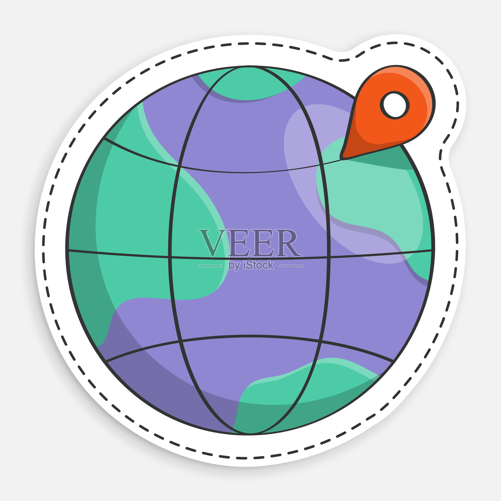 带有关卡标记的涂鸦地球仪卡通图标。使用GPS系统在地图上导航。矢量分离在白色背景上插画图片素材