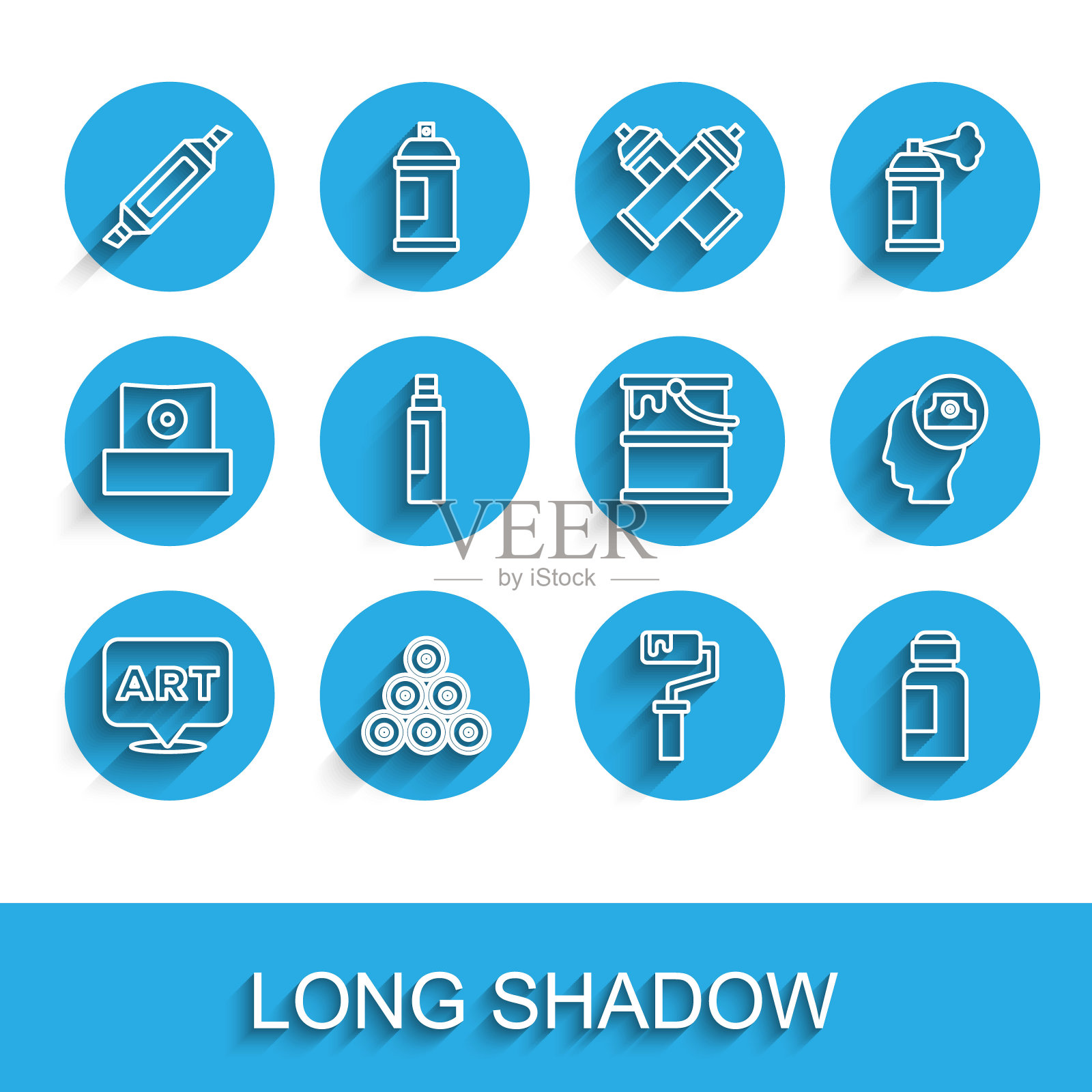 设置线语音气泡与文字艺术，油漆喷罐，记号笔，滚筒刷，油漆，水粉，罐子，染料，喷嘴盖和桶图标。向量插画图片素材