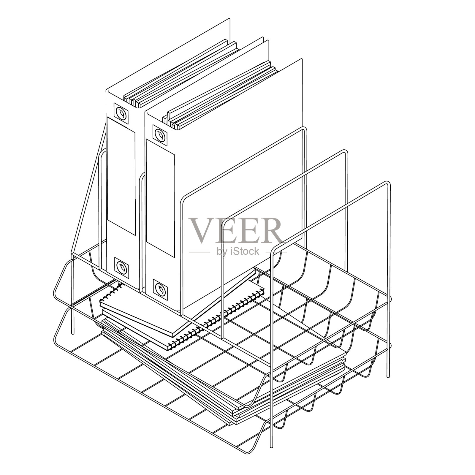 架子的轮廓与文件夹的文件从黑色线孤立在白色的背景。办公文档。等距视图。矢量图插画图片素材