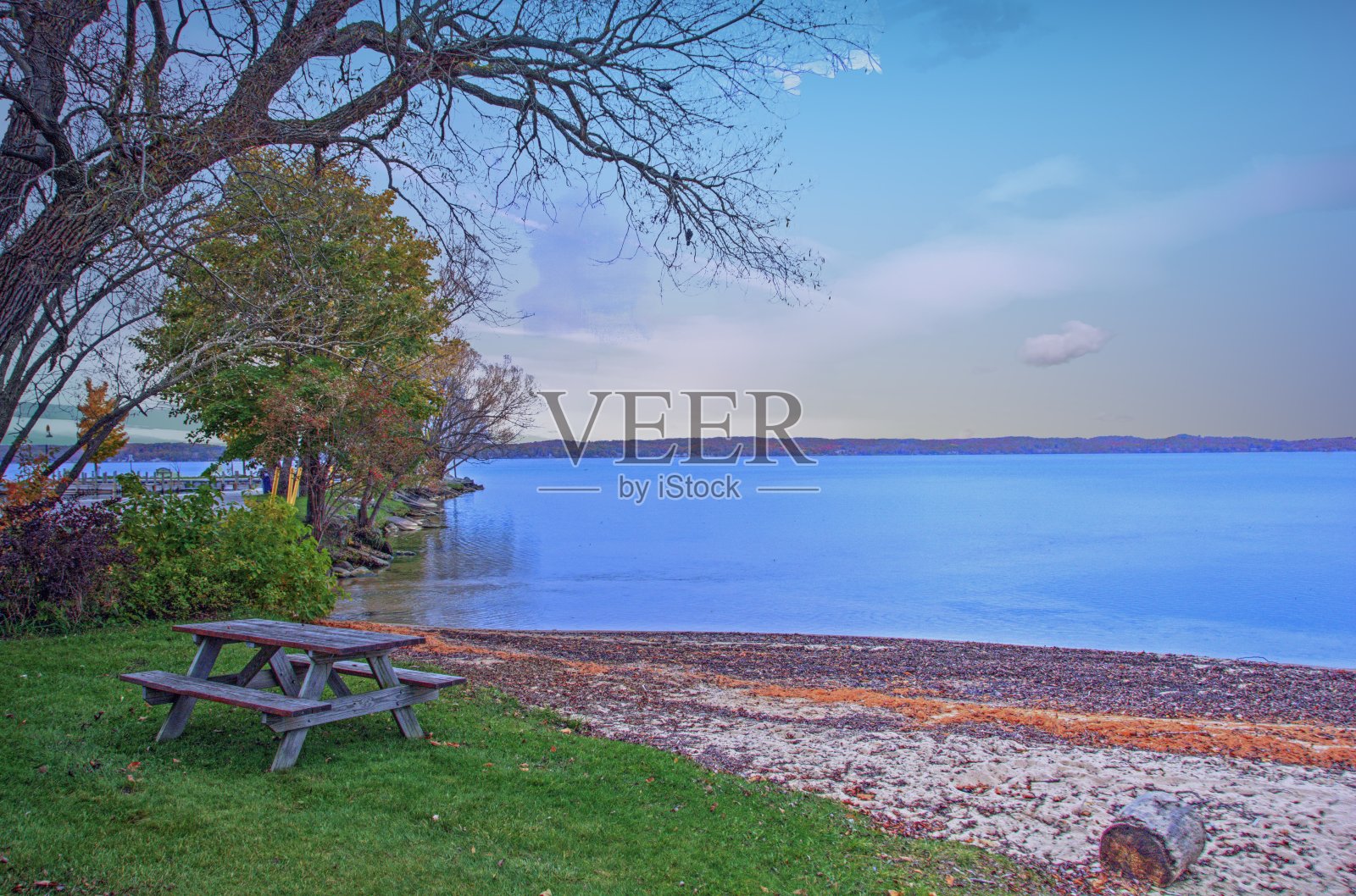 密西根火炬湖的野餐桌照片摄影图片