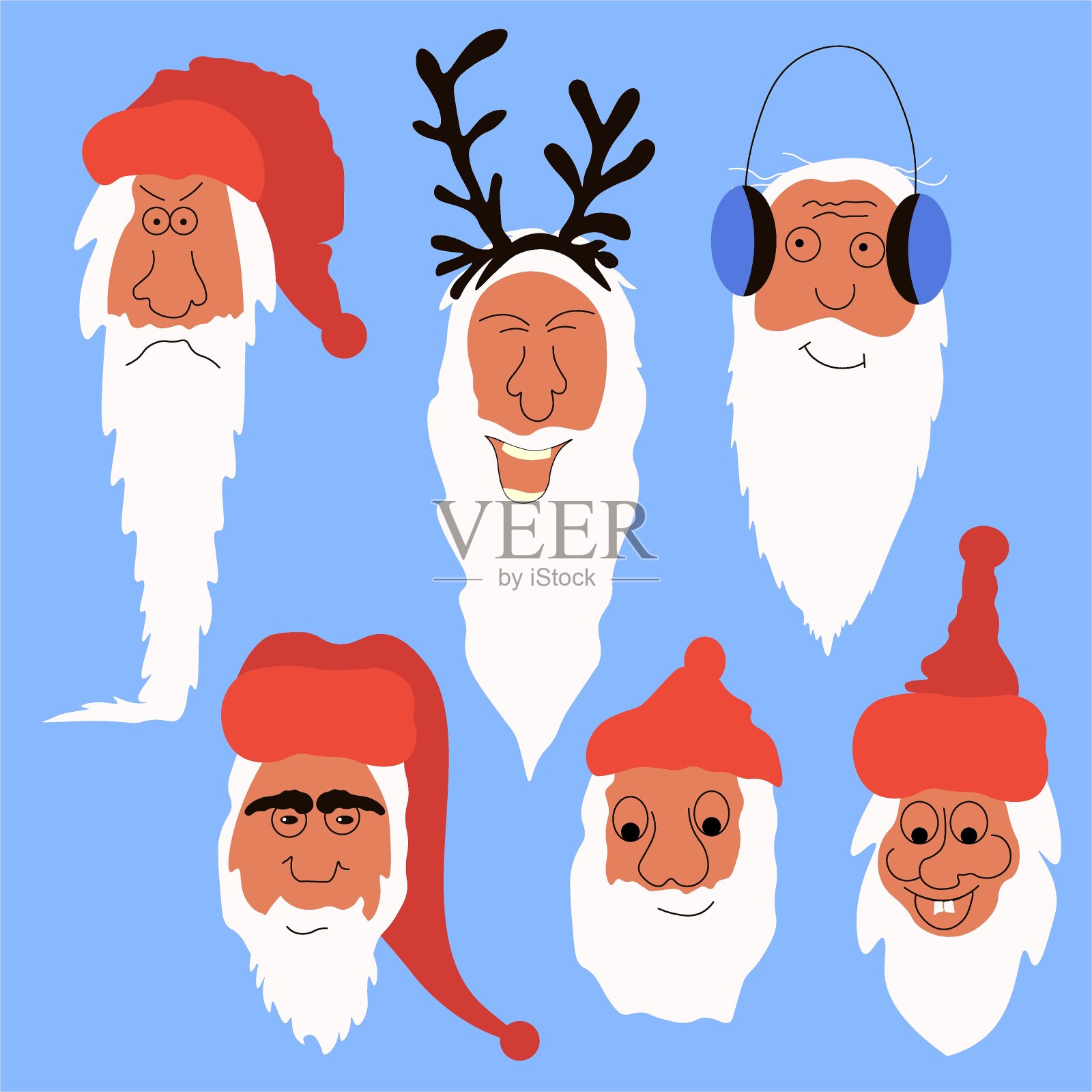 圣诞老人的情绪定型了。蓝色背景上的平面风格面。六个留着胡子戴着帽子戴着耳机戴着鹿角的角色设计印刷，贺卡，问候插画图片素材