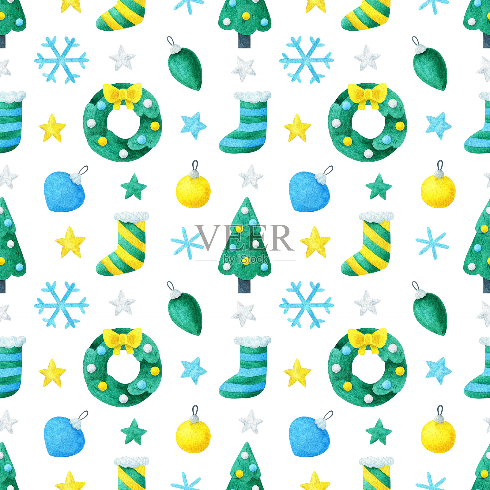 无缝的图案与新年的设计。花环、圣诞树、花环、星星、圣诞球、雪花，在白色的背景上。水彩节日装饰。可爱的印刷与圣诞节插图插画图片素材