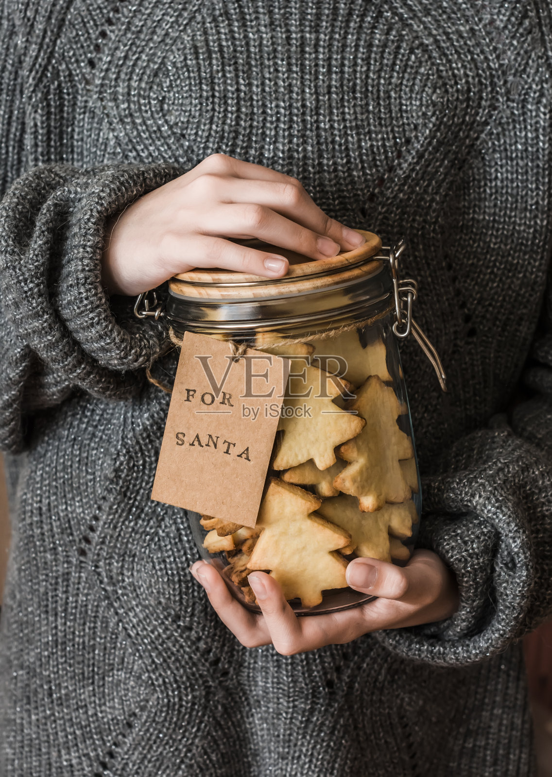 孩子们的手穿着舒适的灰色毛衣，手里拿着一罐自制的饼干送给圣诞老人。圣诞礼物的概念照片摄影图片