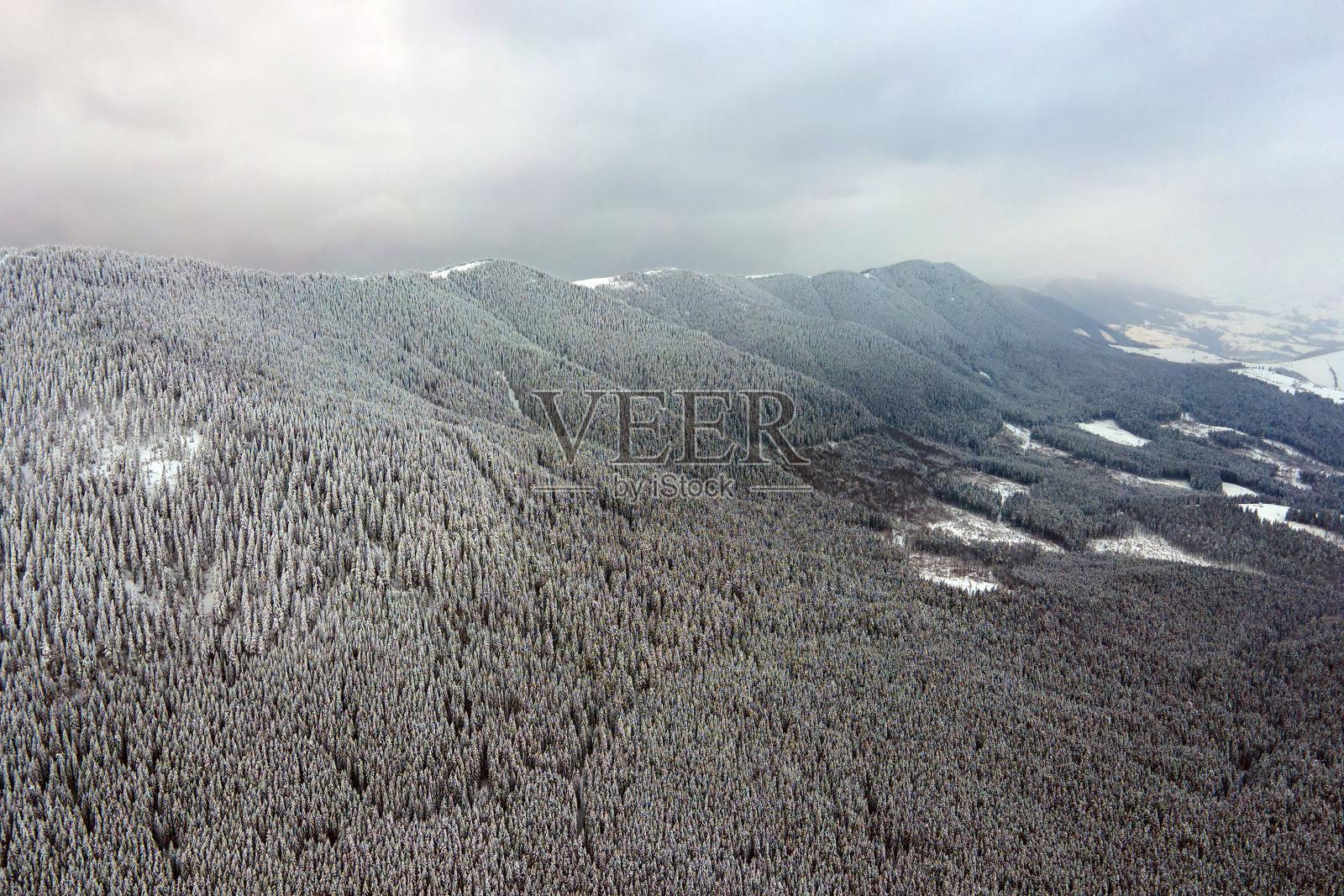 寒冷宁静的夜晚，冬山森林里，云雾缭绕的常绿松树被大雪覆盖着。照片摄影图片