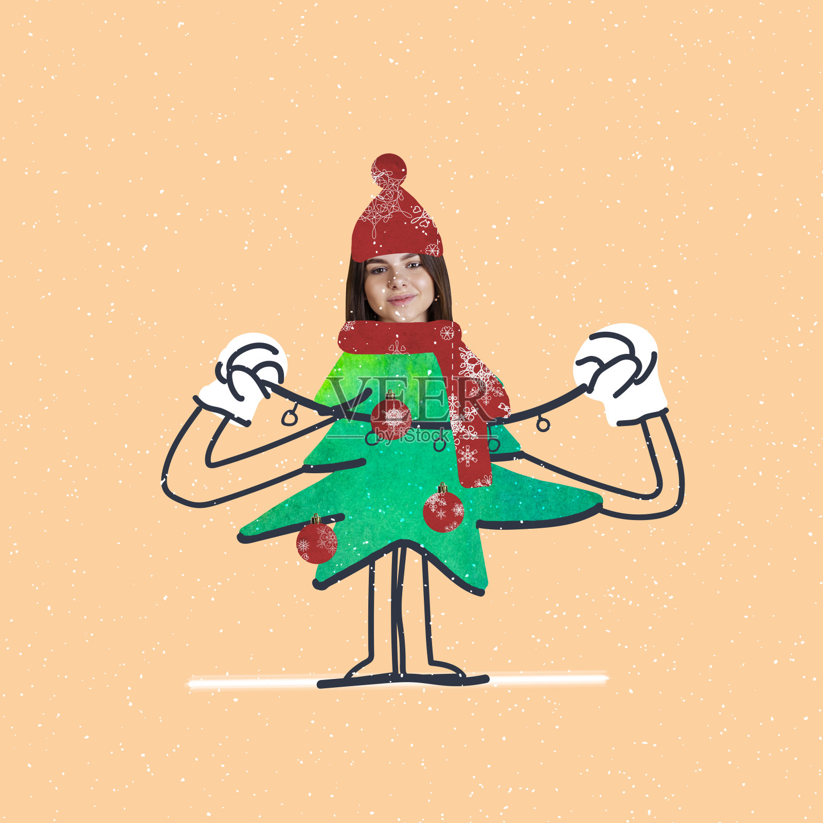 当代艺术拼贴美丽的女孩在圣诞树形状孤立在米色背景照片摄影图片