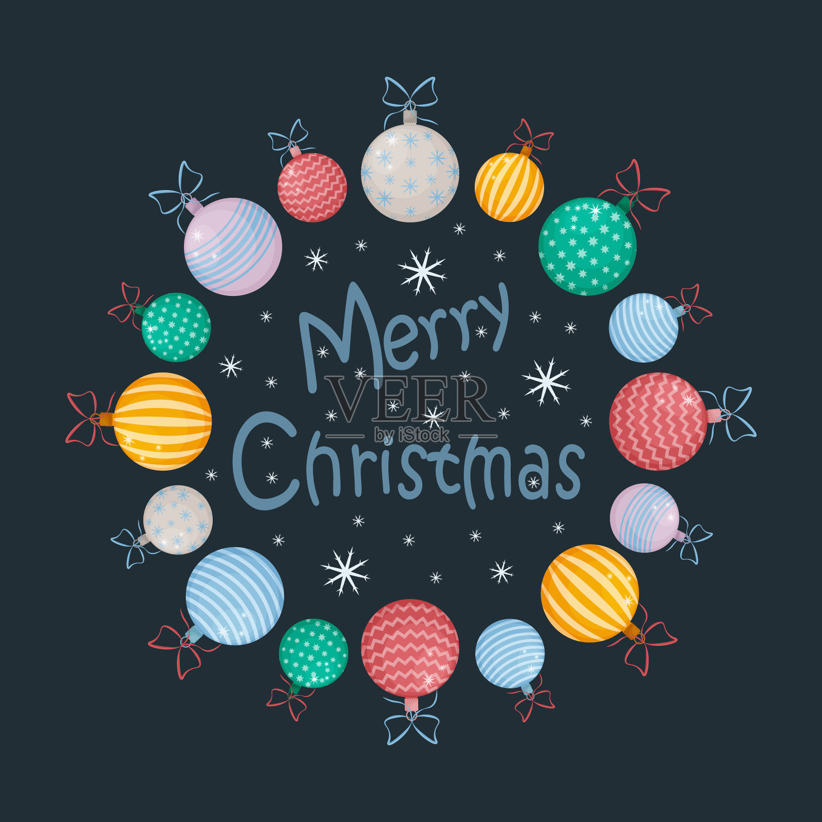 有彩色圣诞球和雪花图案的圣诞卡。欢迎传单印刷卡通风格。矢量图插画图片素材