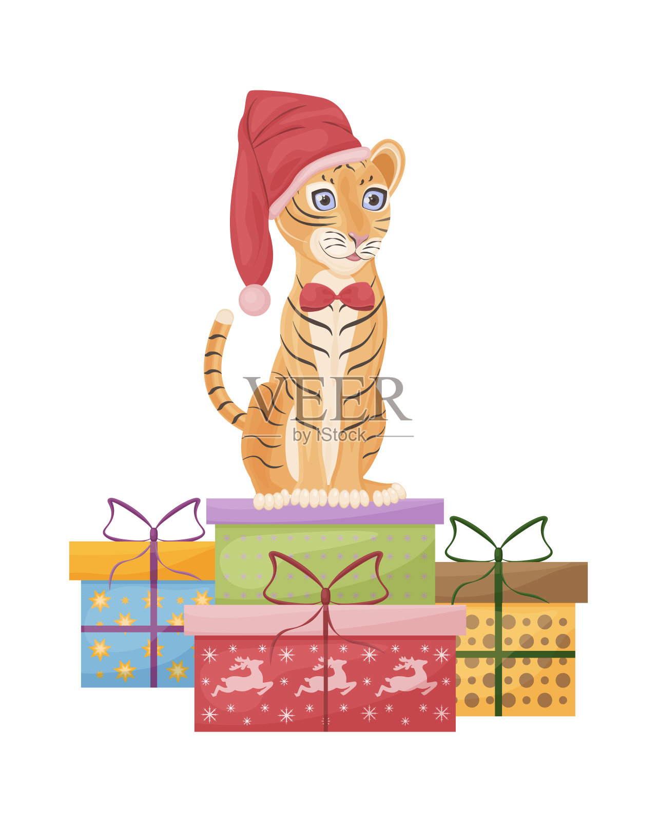 可爱的圣诞插图，一个可爱的老虎戴着红帽子坐在礼品盒。象征着新的一年。儿童的新年插图。假日卡片，矢量插图插画图片素材