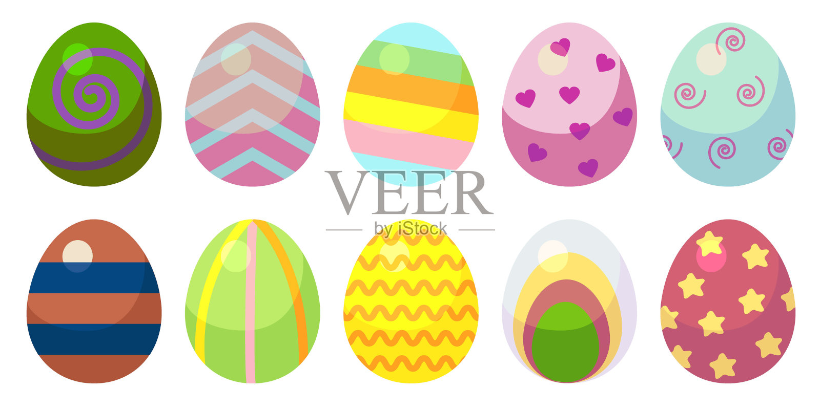 一套有图案的蛋。十个鸡蛋，有不同颜色的不同图案。插画图片素材