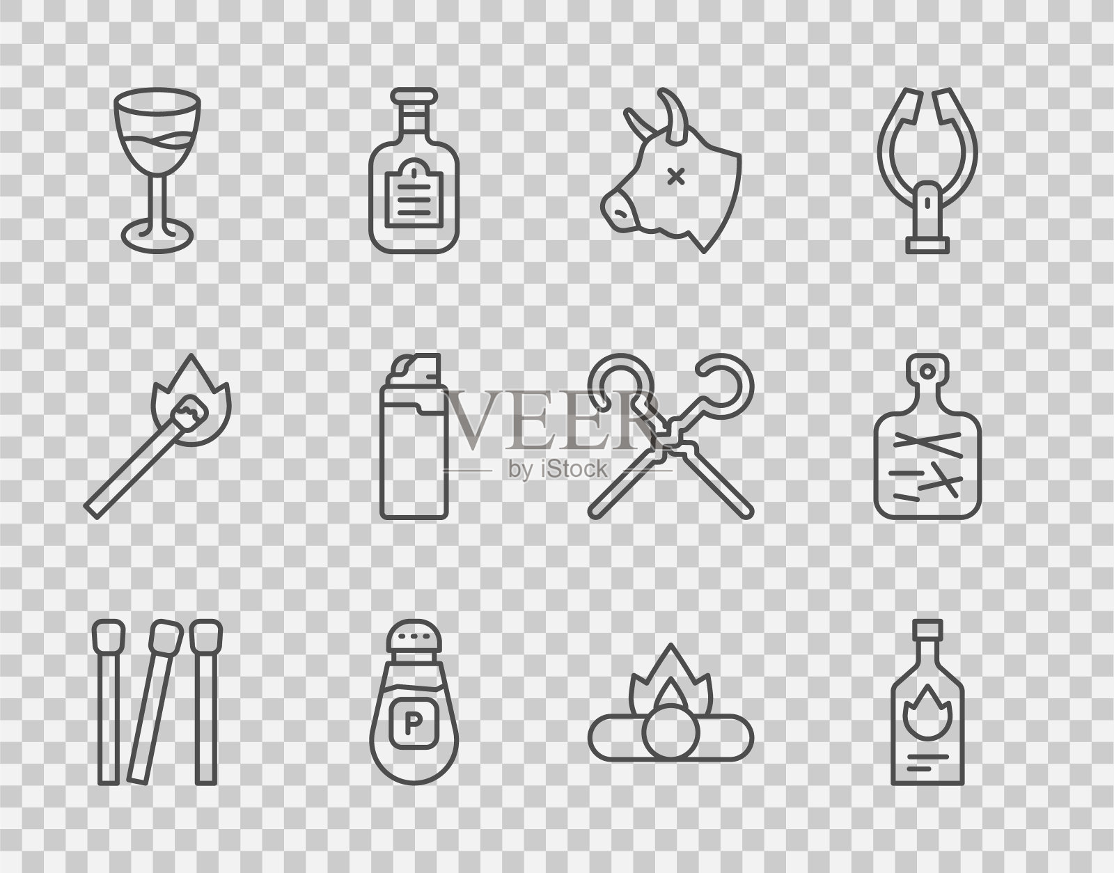 设置线火柴，塔巴斯科酱，牛头，胡椒，酒杯，打火机，篝火和砧板图标。向量图标素材