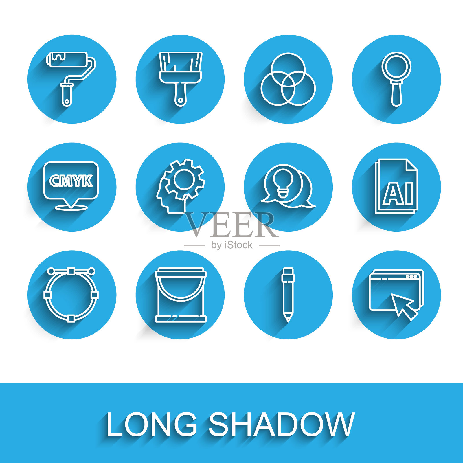 设定线圈贝塞尔曲线，油漆桶，滚筒刷，铅笔橡皮，网页设计和开发，人的头齿轮内，AI文件文件和灯泡概念的想法图标。向量插画图片素材