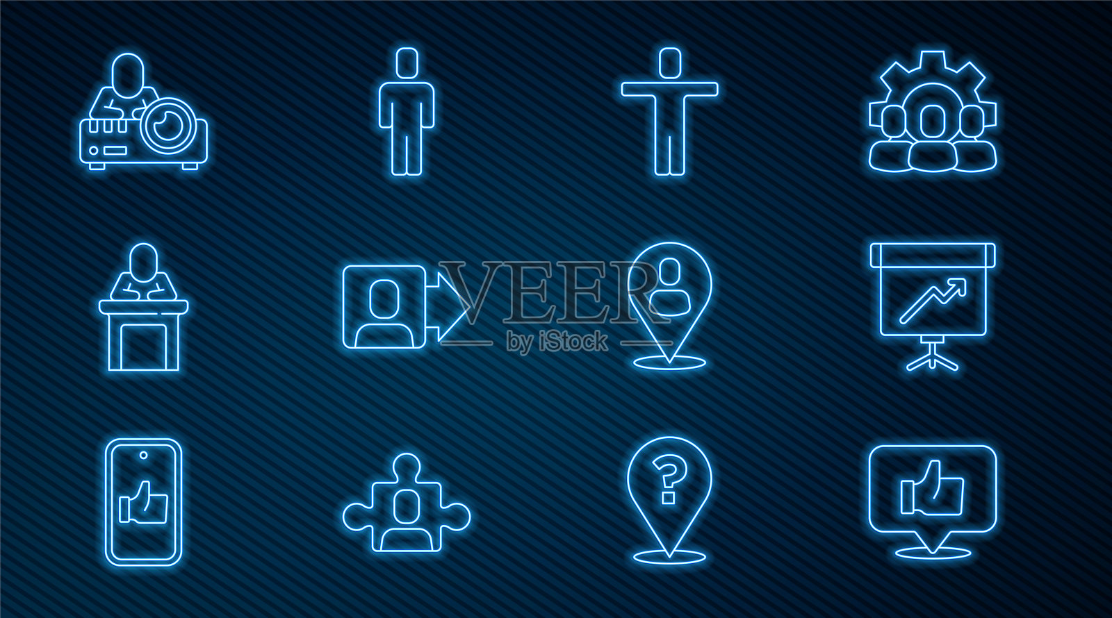 设置线手像，黑板与图表，头部狩猎，团队领导，扬声器，媒体投影仪，工人位置和图标。向量图标素材