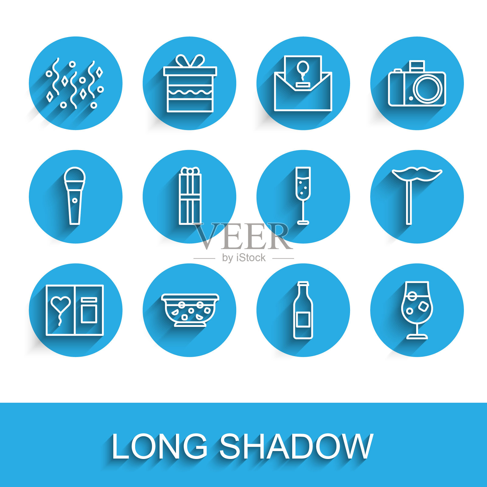 设置行贺卡，混合潘趣酒碗，节日五彩纸屑，啤酒瓶，鸡尾酒和酒精饮料，礼品盒，纸胡子棒和香槟图标。向量图标素材