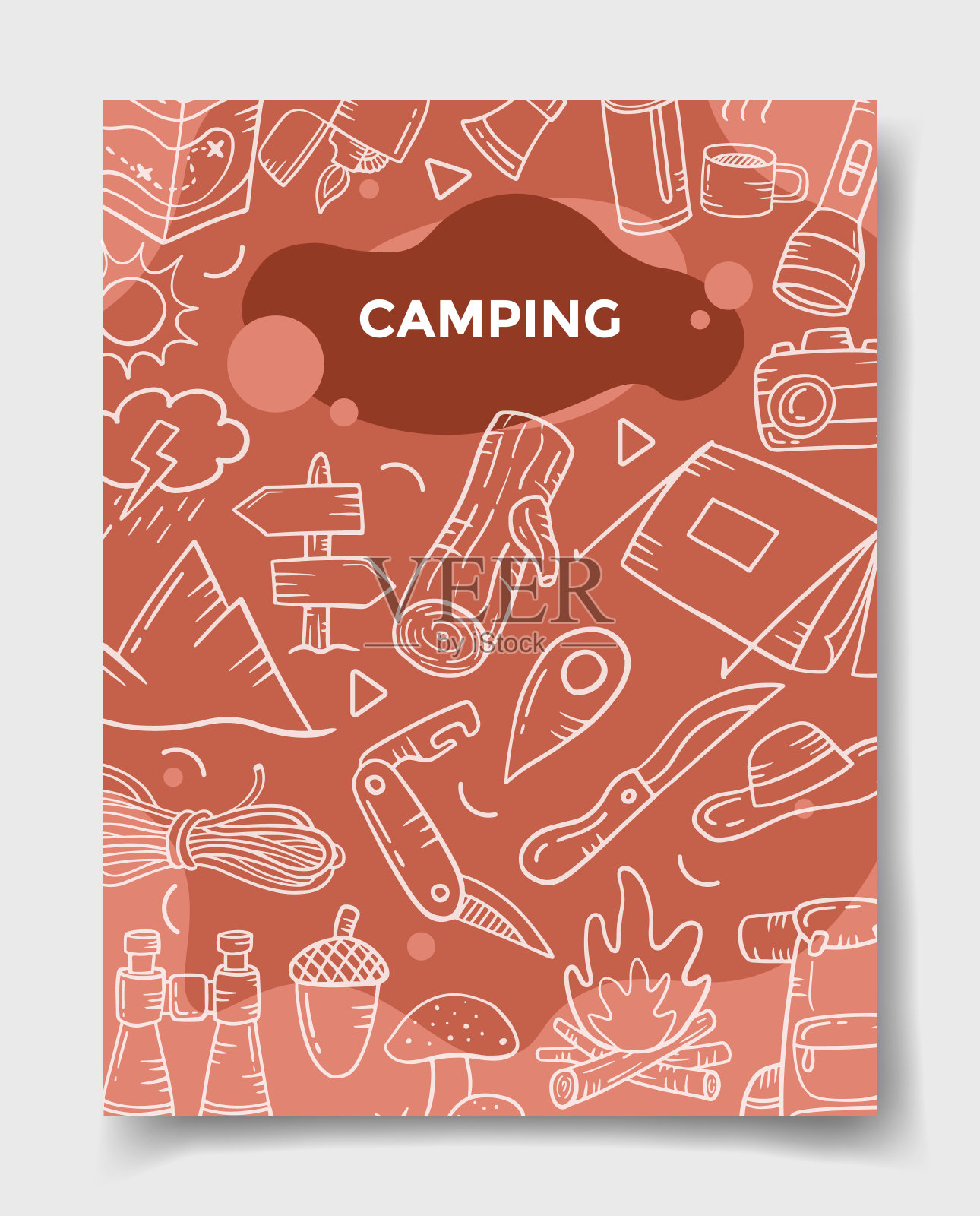 户外露营与涂鸦风格的旗帜模板，传单，书籍，杂志封面插画图片素材