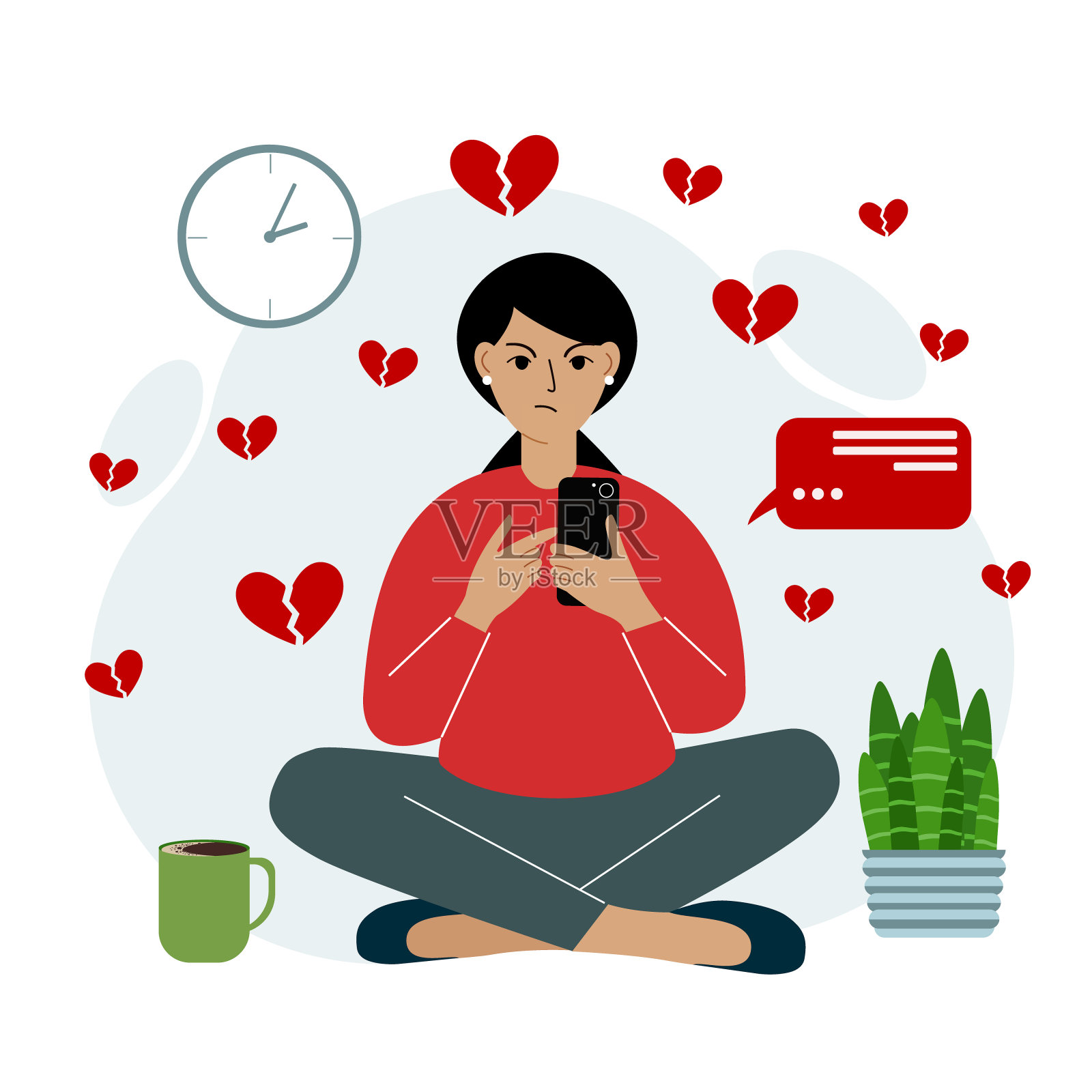 网上约会和聊天。咄咄逼人的女人坐着拿着手机，心碎的心在飞舞插画图片素材