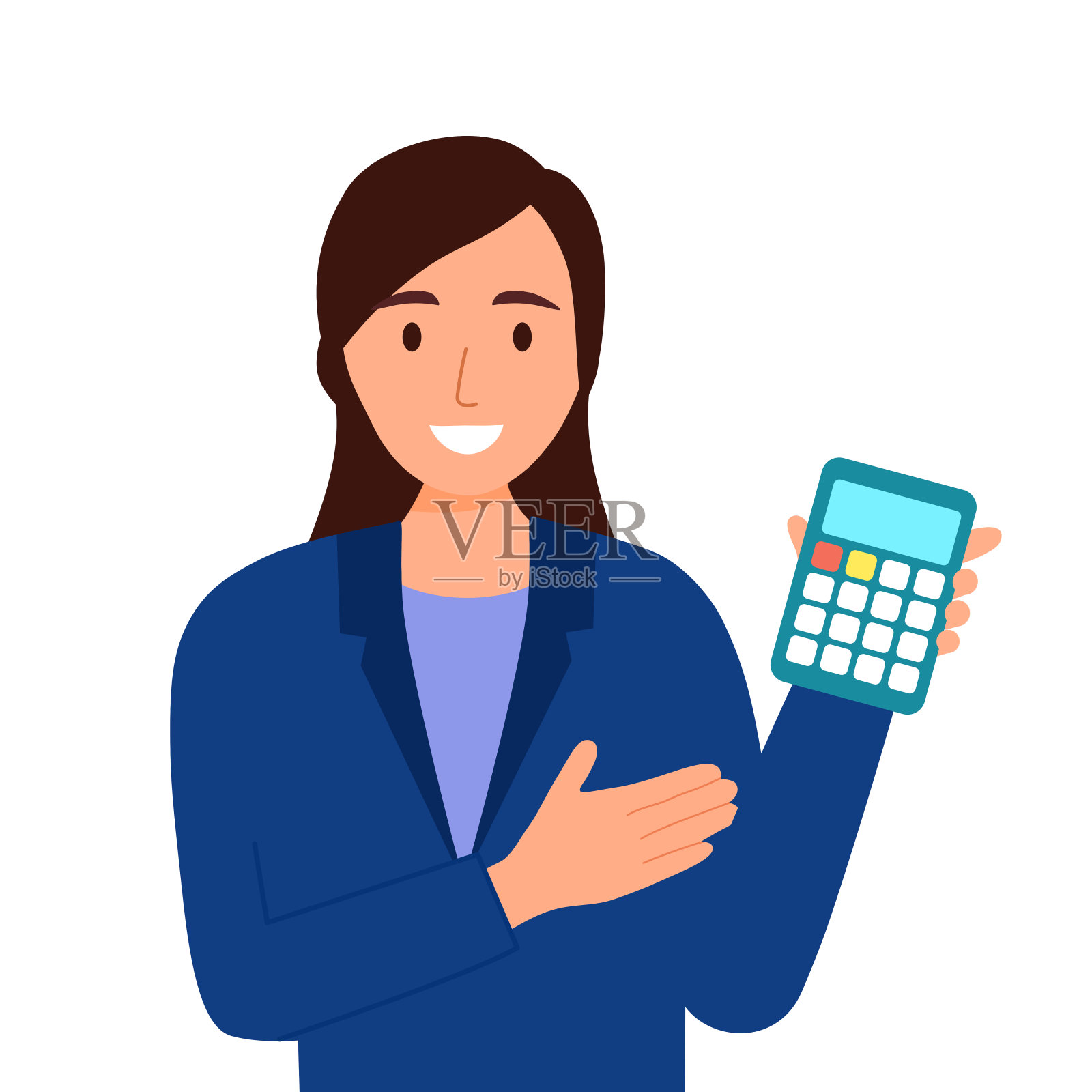 女商人向商业客户展示计算器在白色背景上的平面设计。会计的员工。插画图片素材