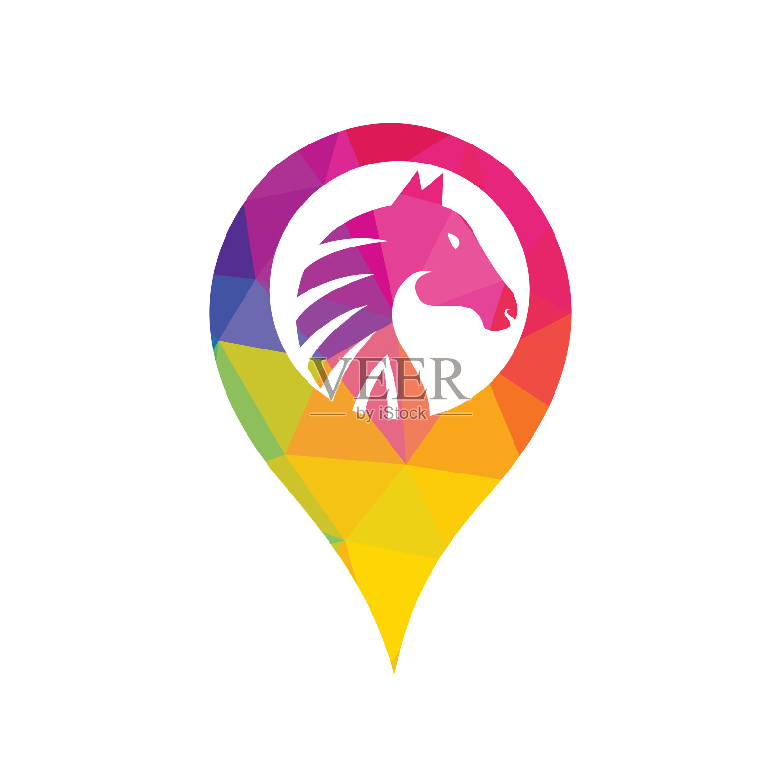 马和地图指针标志设计。马定位标志设计。动物图标。插画图片素材