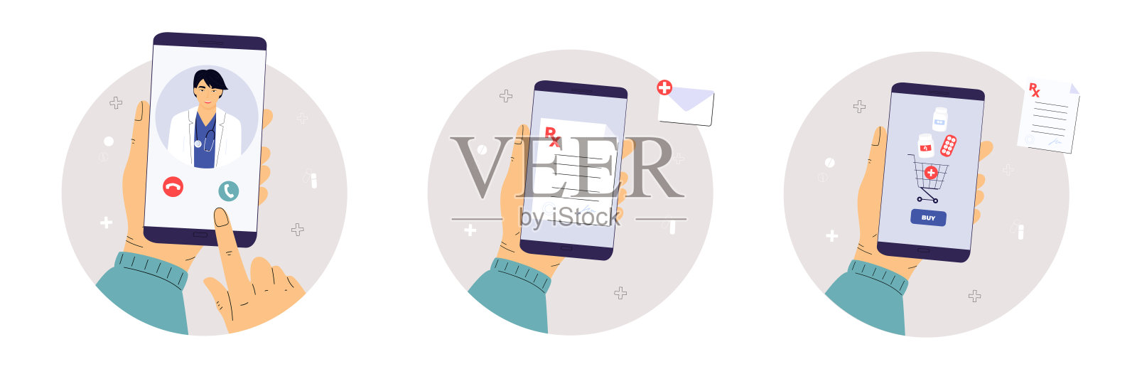 病人给亚洲医生打了一个视频电话。拿着听诊器的医务人员。网上药店。拿着智能手机买药。移动购药服务。设计元素图片