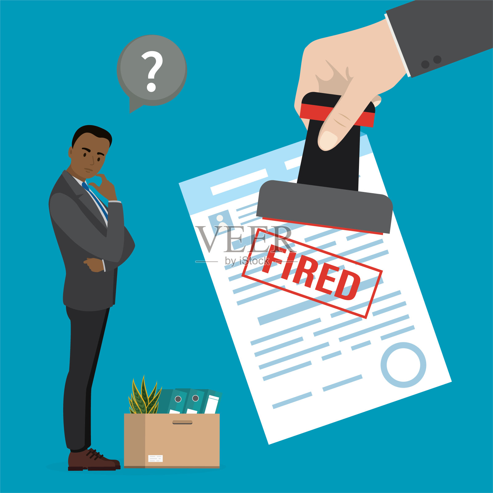 大手握印章，盖章合同解除。不开心的失业工人，办公室的东西。解雇非裔美国员工，裁减员工插画图片素材