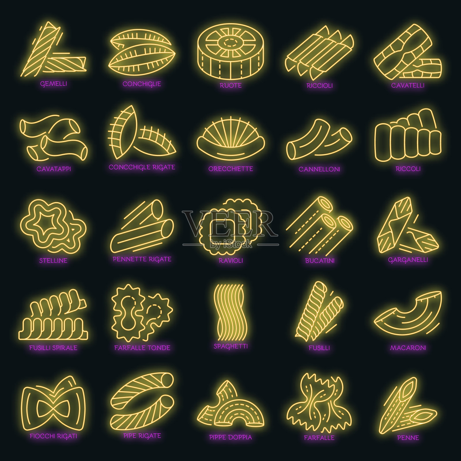 面食图标设置矢量霓虹灯插画图片素材