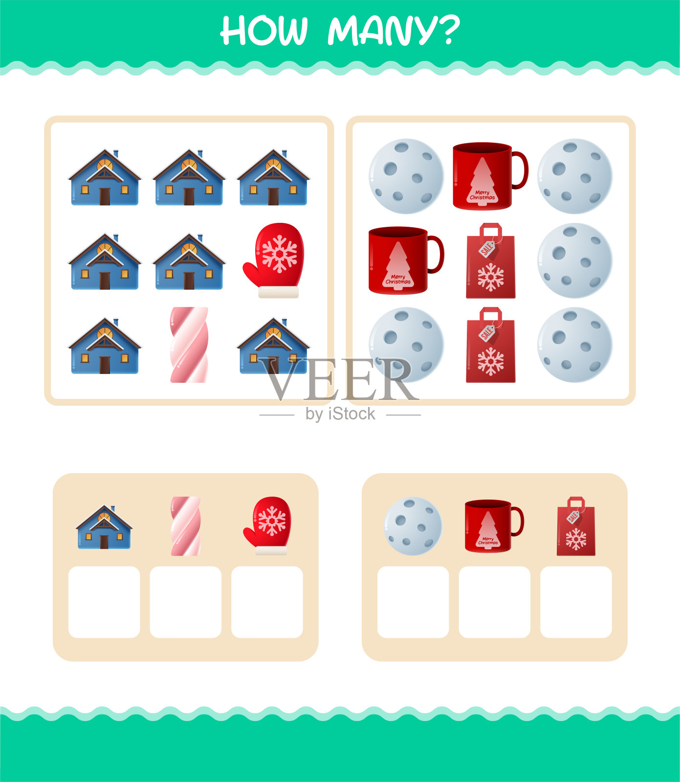 多少卡通圣诞节。计算游戏。学龄前儿童和幼儿的教育游戏插画图片素材