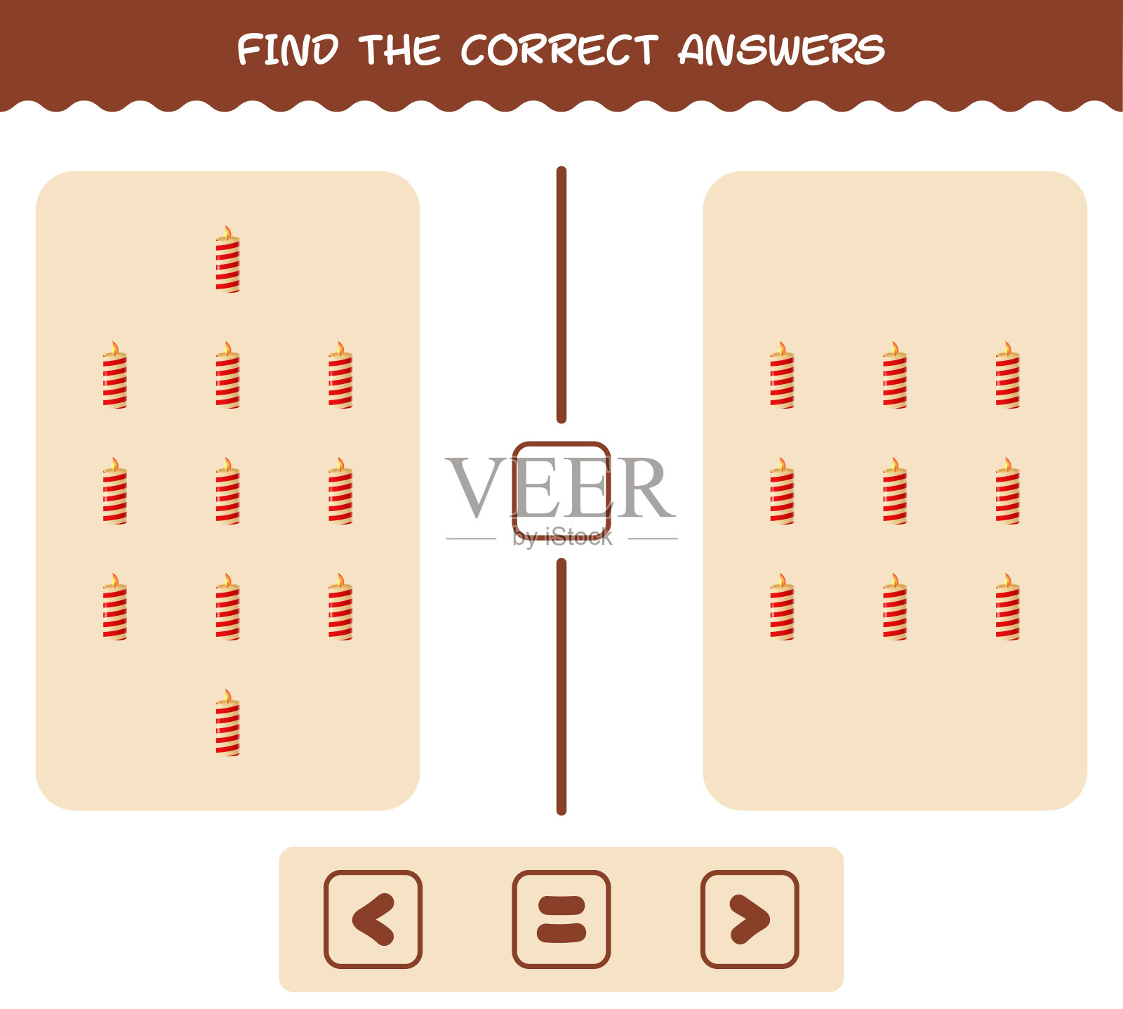 找出卡通圣诞蜡烛的正确答案。搜索和计数游戏。学龄前儿童和幼儿的教育游戏插画图片素材