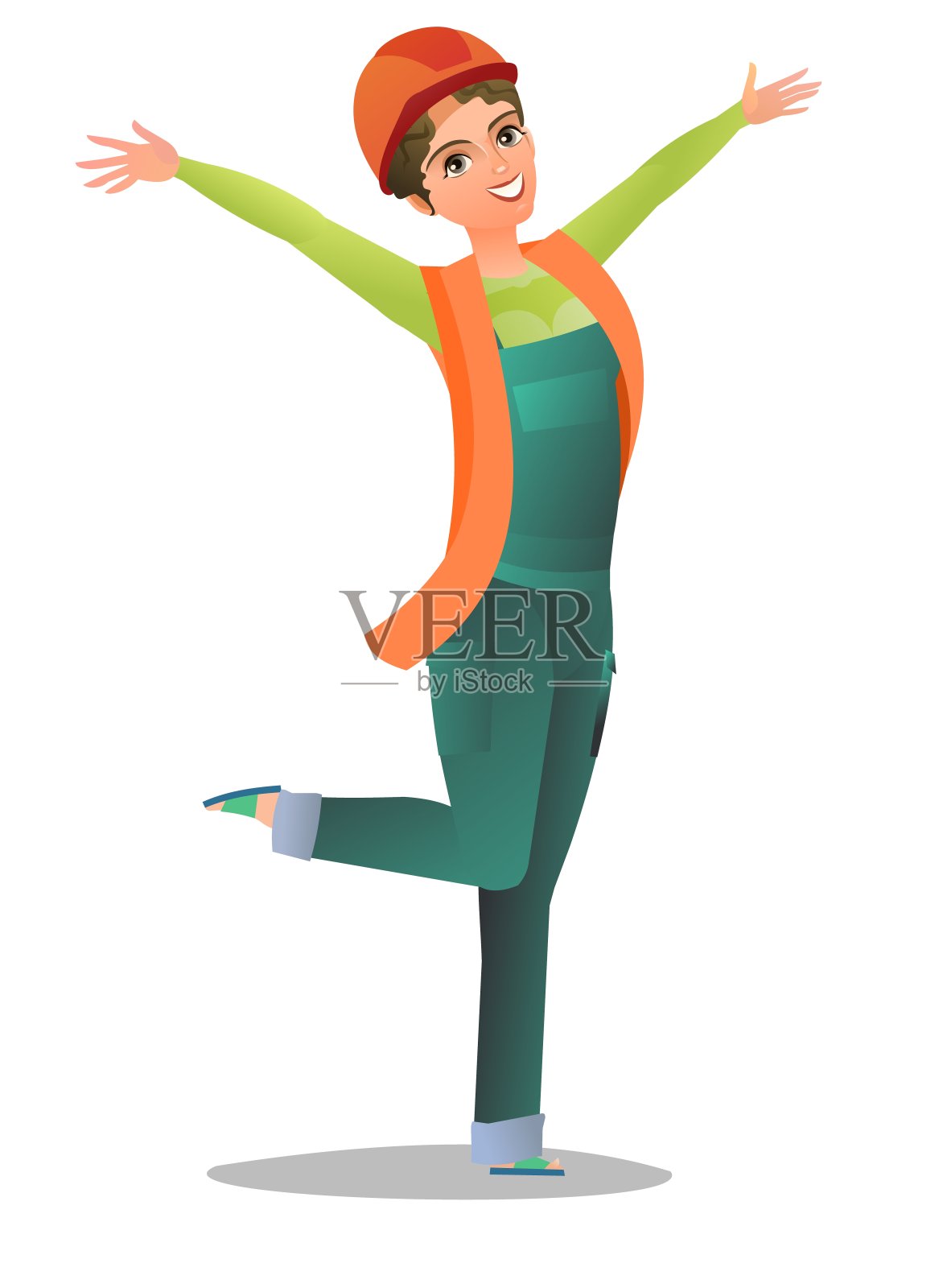 穿着背心和防护头盔的女建筑工。女孩工人。开朗的人。站立姿势。漫画风格扁平化设计。单个的字符。插图孤立在白色背景上。向量插画图片素材