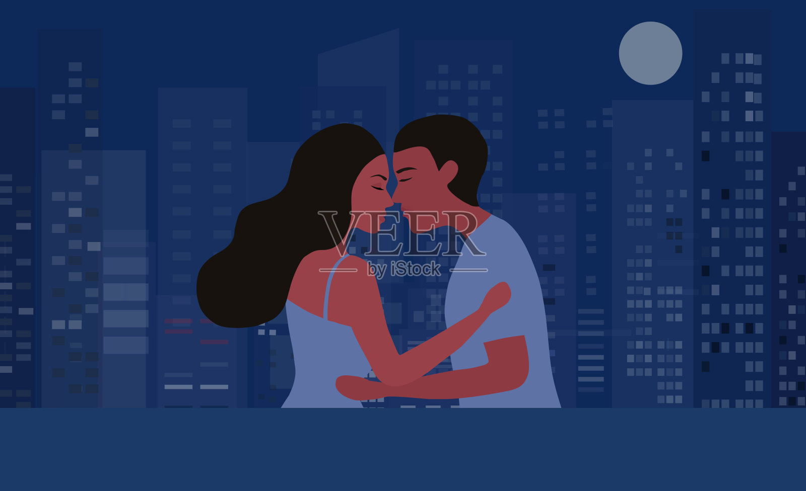 在夜晚城市景观矢量插图的阳台上相爱的夫妇接吻插画图片素材