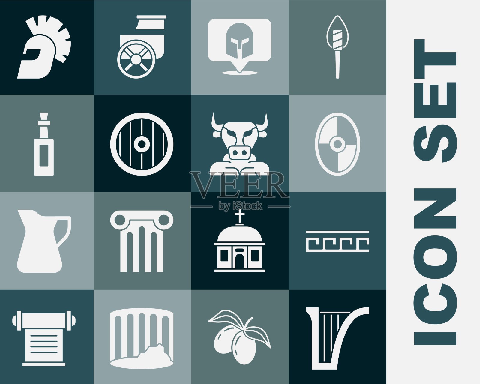 设置竖琴古希腊图案的盾牌头盔图标素材