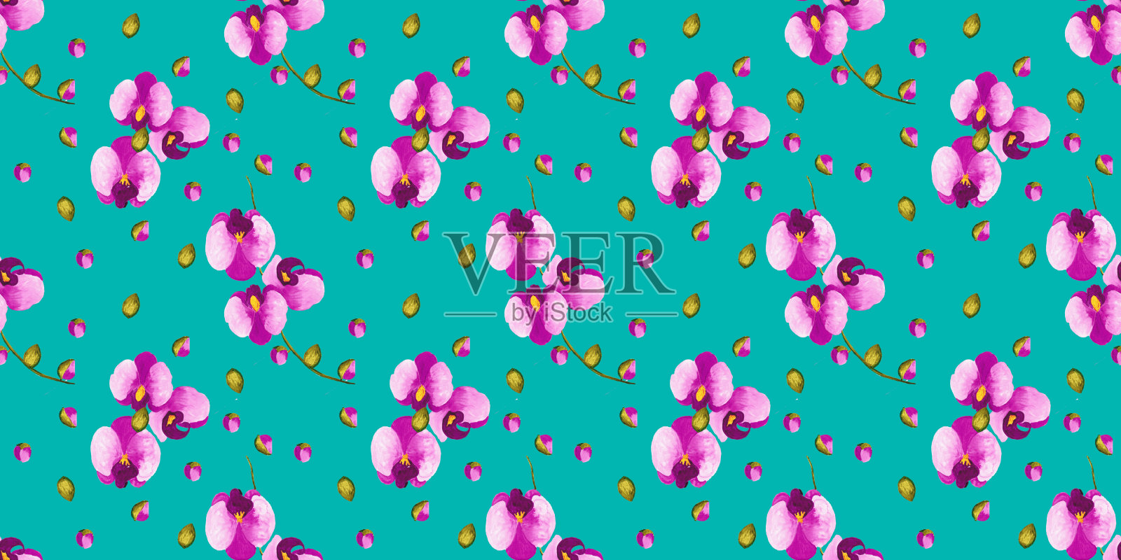 无缝图案与手绘兰花，水彩画插画图片素材