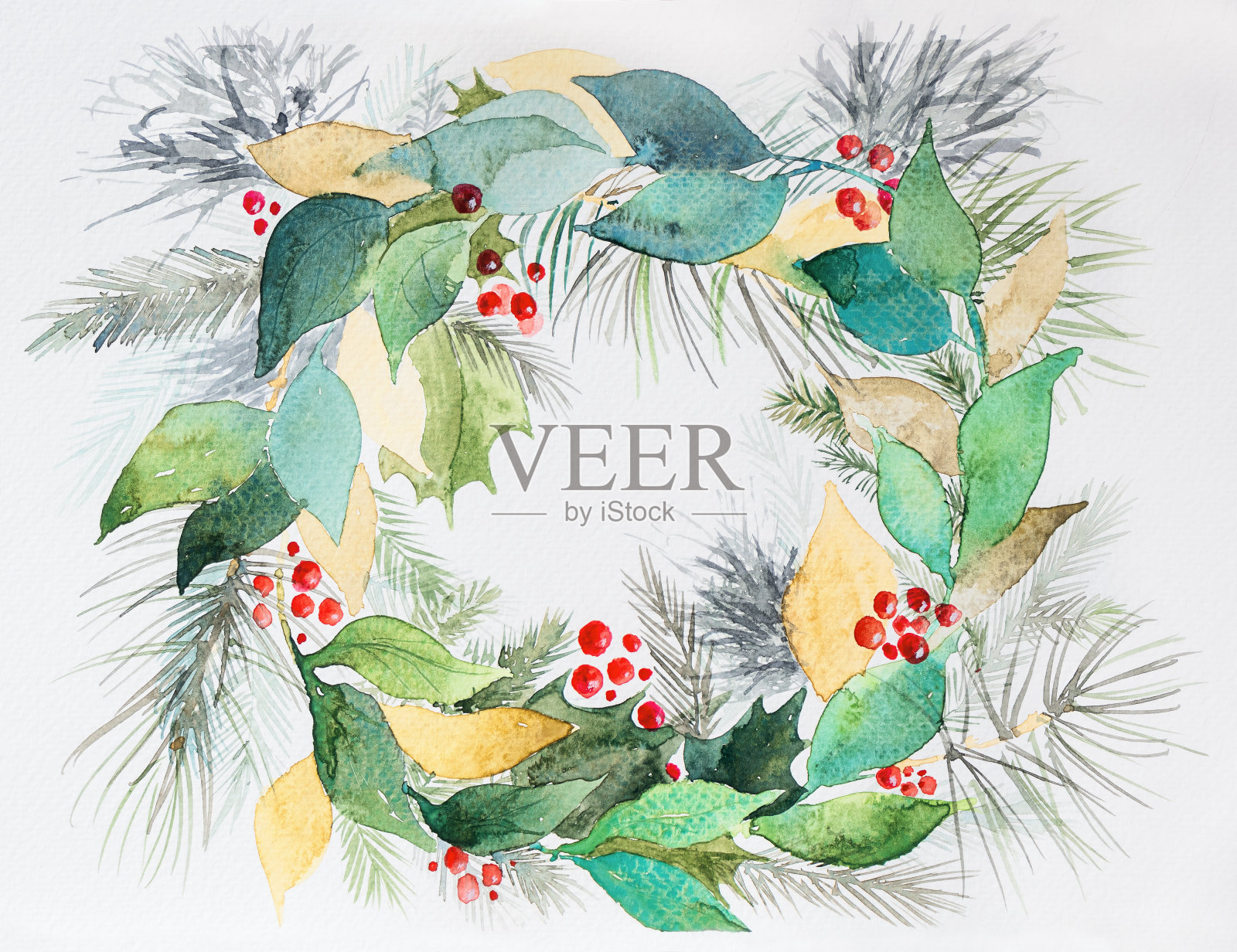 圣诞花环水彩插画图片素材