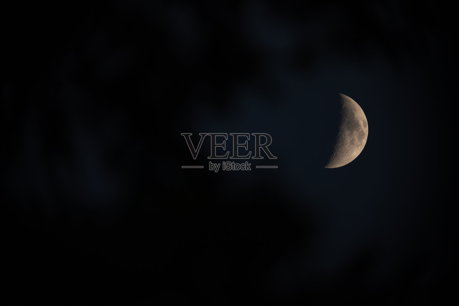 在晴朗的夜晚，四分之一的月亮在树枝后面发光。弦月在漆黑的天空。月亮在图像的右侧。照片摄影图片