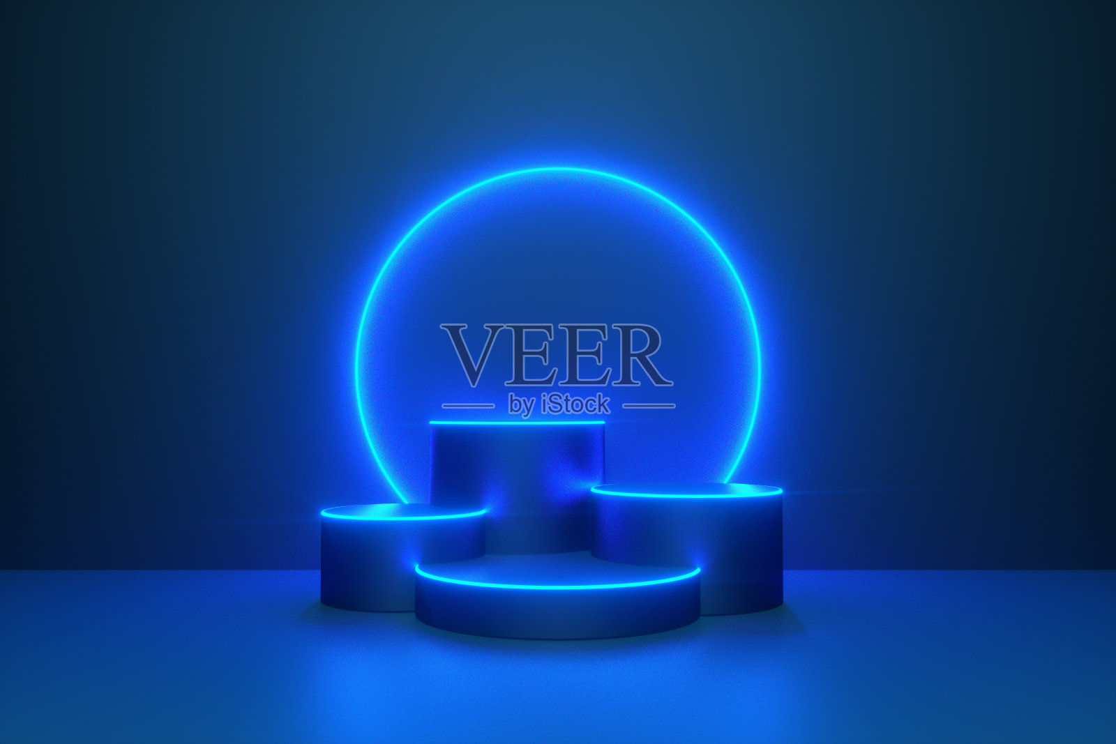 抽象闪亮的蓝色柱体基座基座基座。科幻蓝色抽象房间概念与圆形发光霓虹灯。矢量渲染三维形状，产品展示展示。未来的场景。照片摄影图片