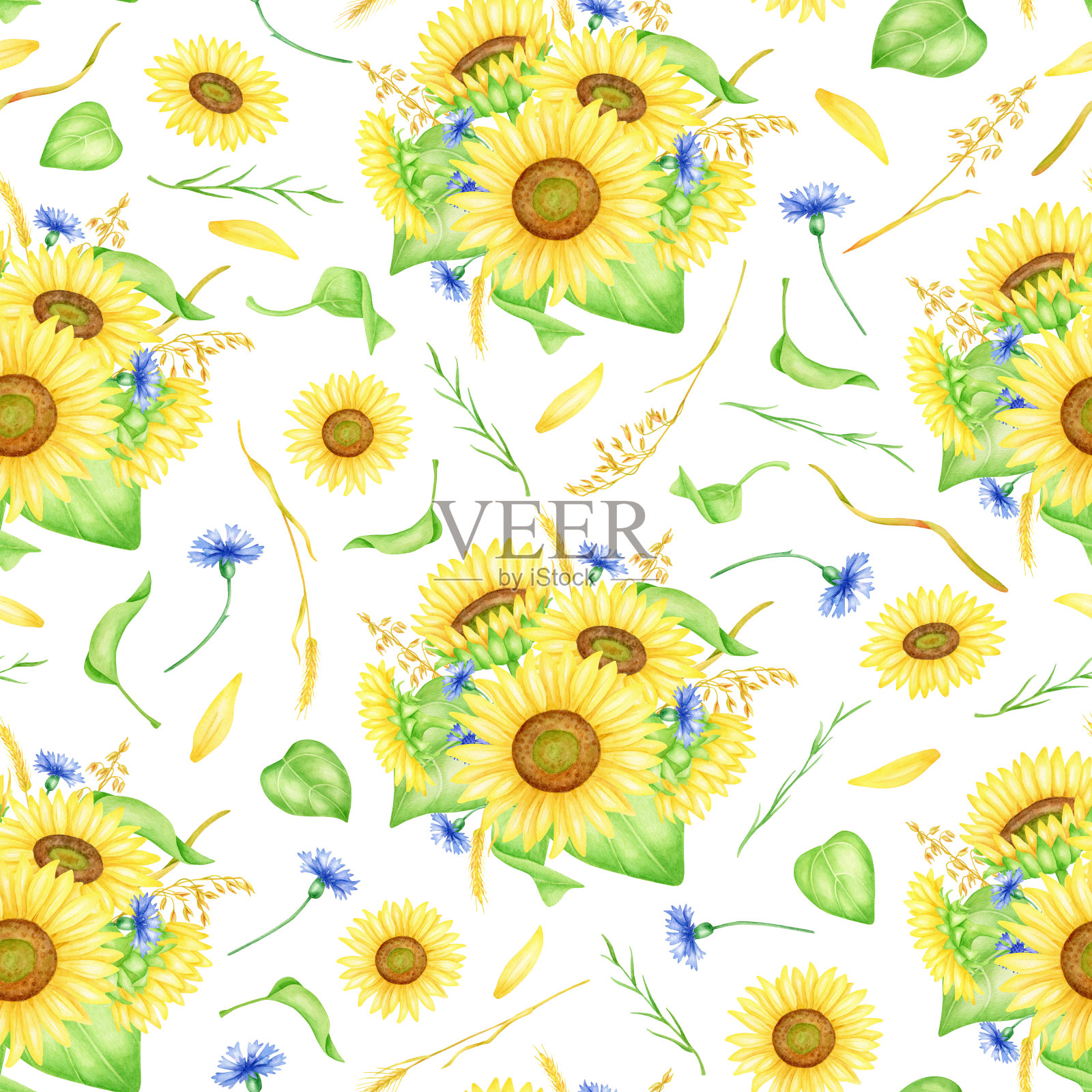 水彩花卉无缝模式。手绘向日葵花束与矢车菊，绿叶和小麦小穗插图。花重复的背景隔离在白色的包装，织物。插画图片素材