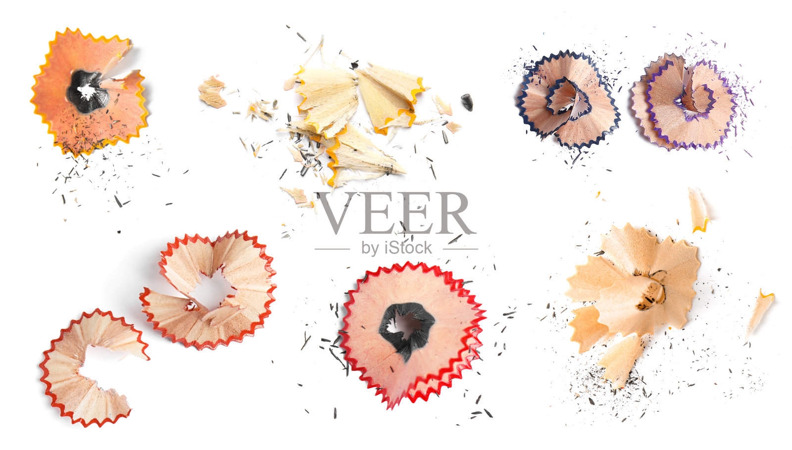 在白色背景上的铅笔屑，俯视图照片摄影图片