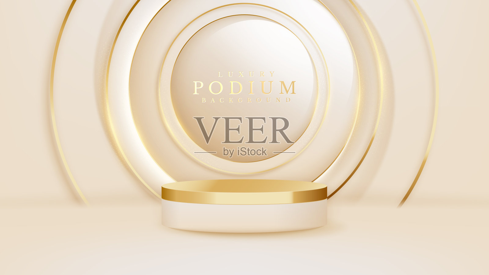 现实的白色产品讲台展示与金色的豪华圈在奶油色背景与闪光的效果元素。插画图片素材