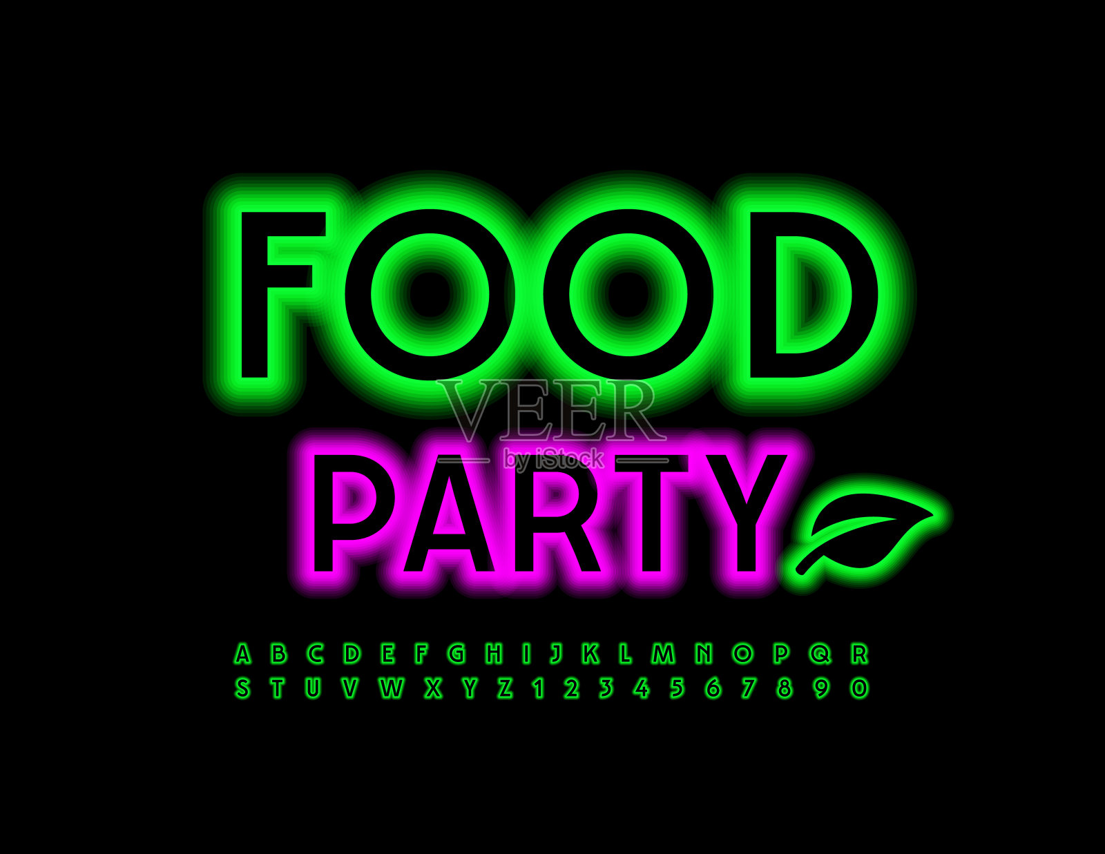 向量鲜艳的横幅美食派对。绿色霓虹灯字母和数字设置插画图片素材