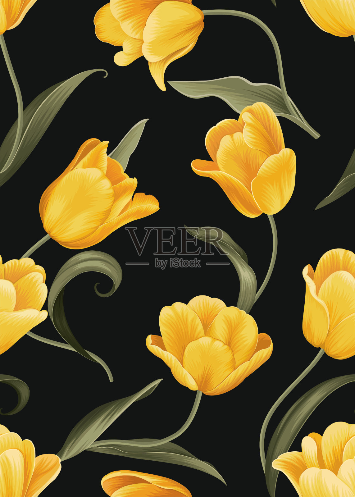 无缝模式的郁金香花与叶背景模板。向量集合花卉元素为热带印花，婚礼请柬，贺卡，小册子，横幅和时尚设计。插画图片素材