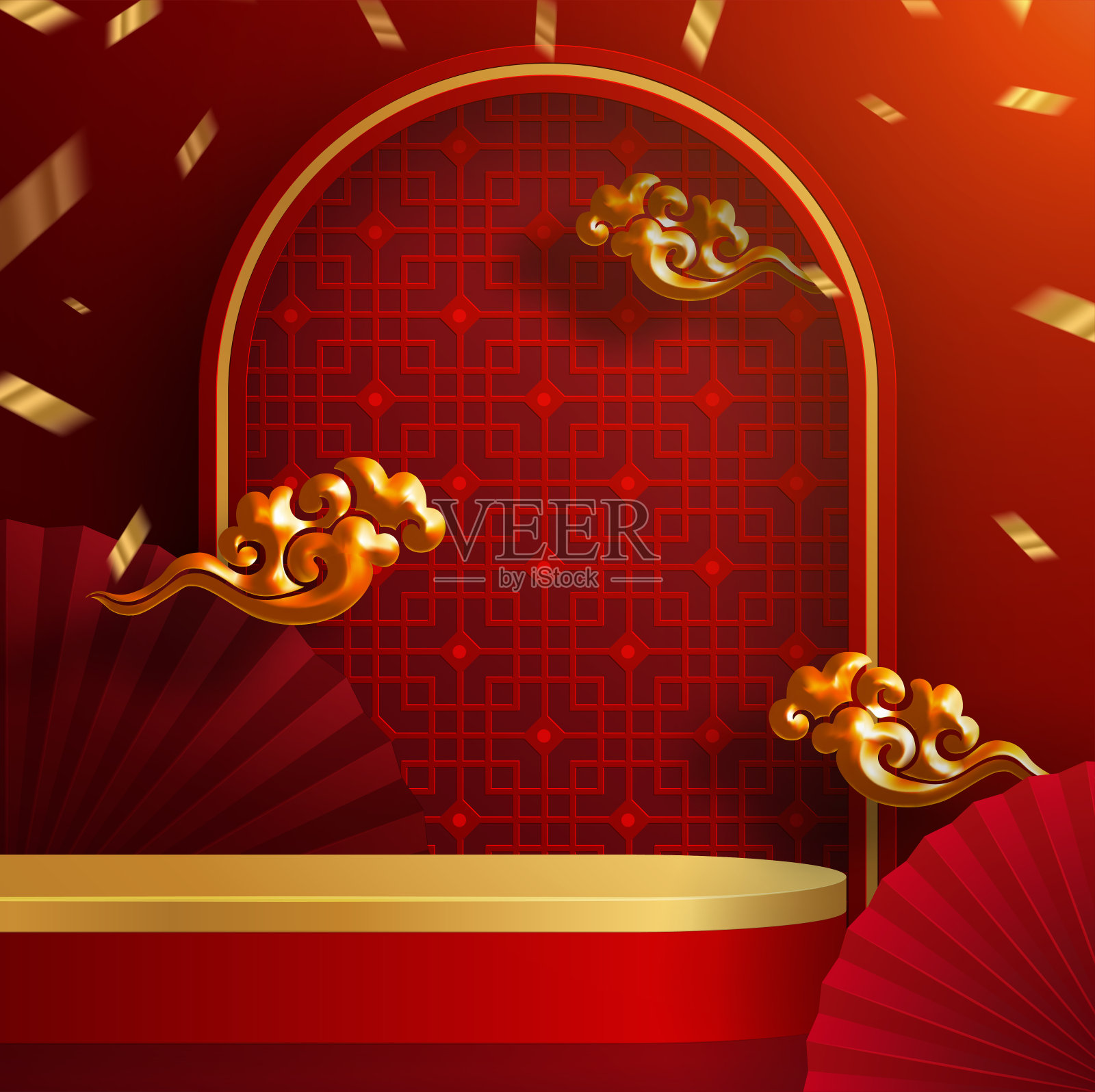 3d讲台圆形、方盒舞台讲台和纸艺术中国新年、中国节日、中秋节、红剪纸、扇子、鲜花和亚洲元素与工艺风格的背景。插画图片素材