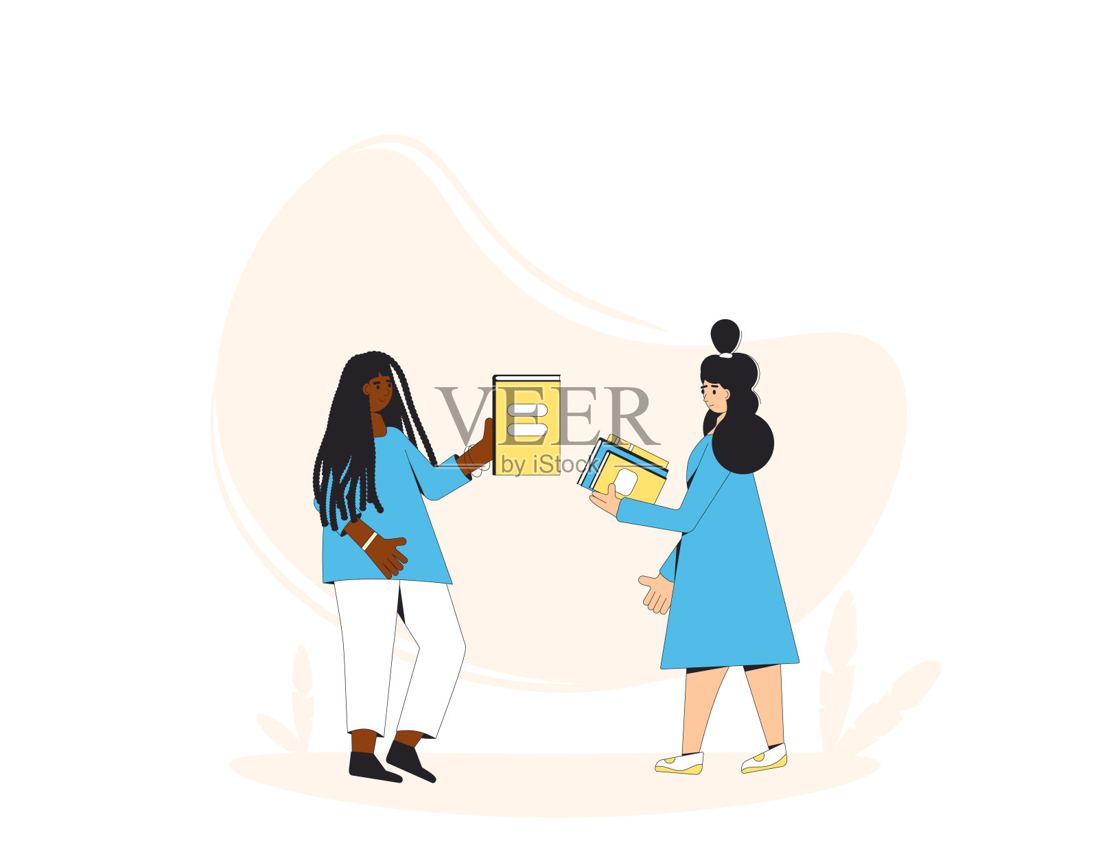 书交换。图书漂流。俱乐部成员交流。对面的人拿着一本书。爱读书的人把写好的小说送给朋友。插画图片素材