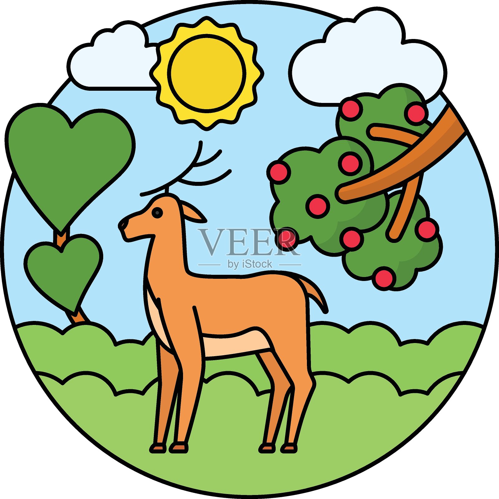 森林中的鹿动物概念，森林中有天空和云的驯鹿矢量图标设计，自然的爱符号，艺术的地形场景标志，大自然中的心图库插图，美丽的景观视图插画图片素材