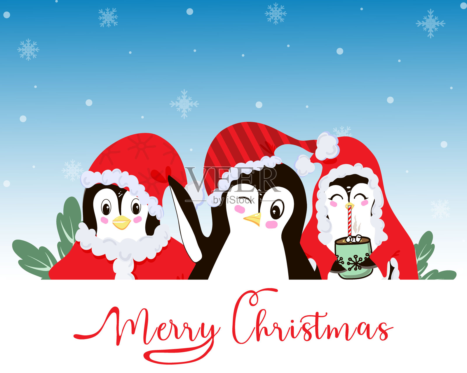 圣诞企鹅贺卡。礼物，花环，可可和明信片。矢量插图在一个平坦的风格。插画图片素材