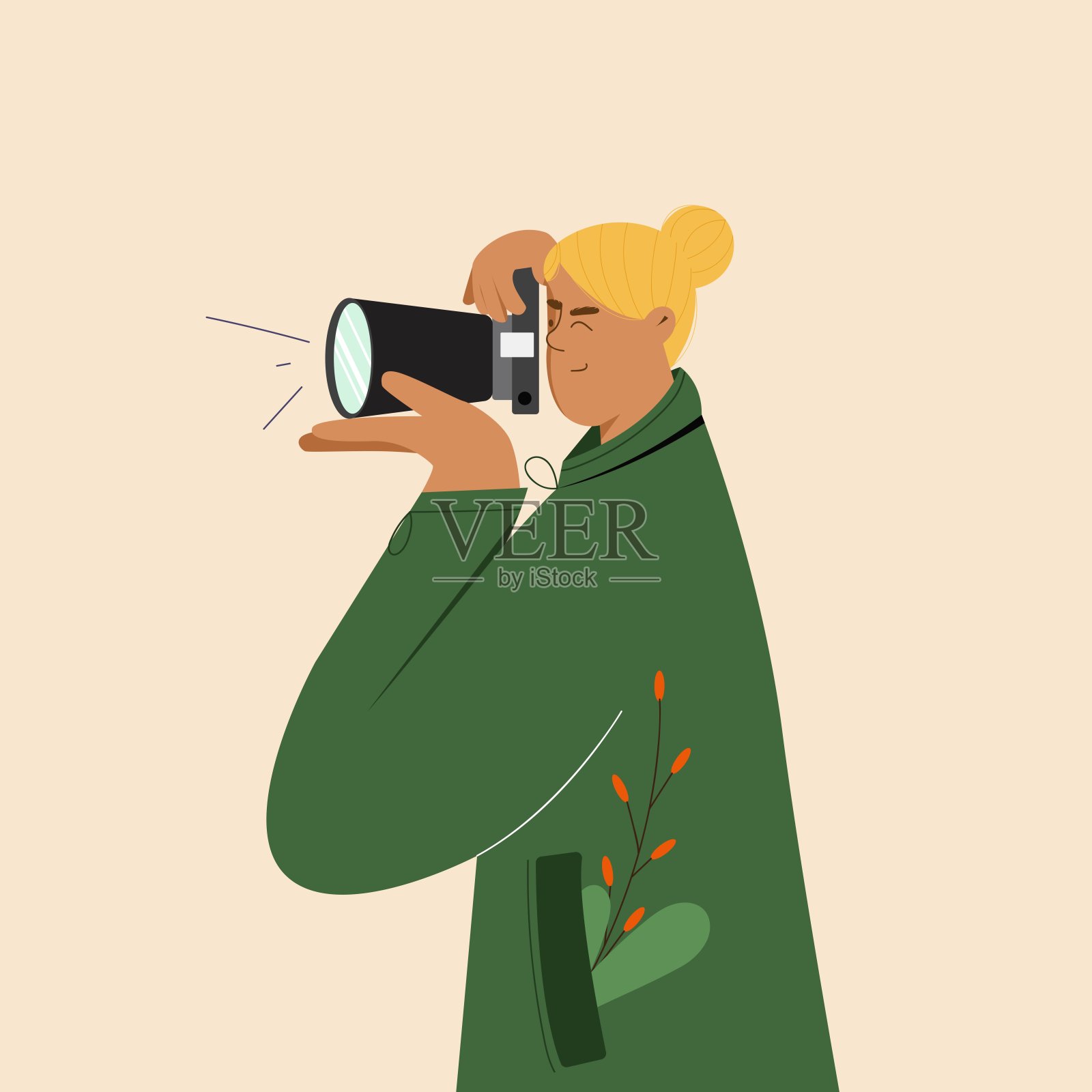 女孩在用数码相机拍照。矢量插图。爱好、工作的概念。学习摄影插画图片素材