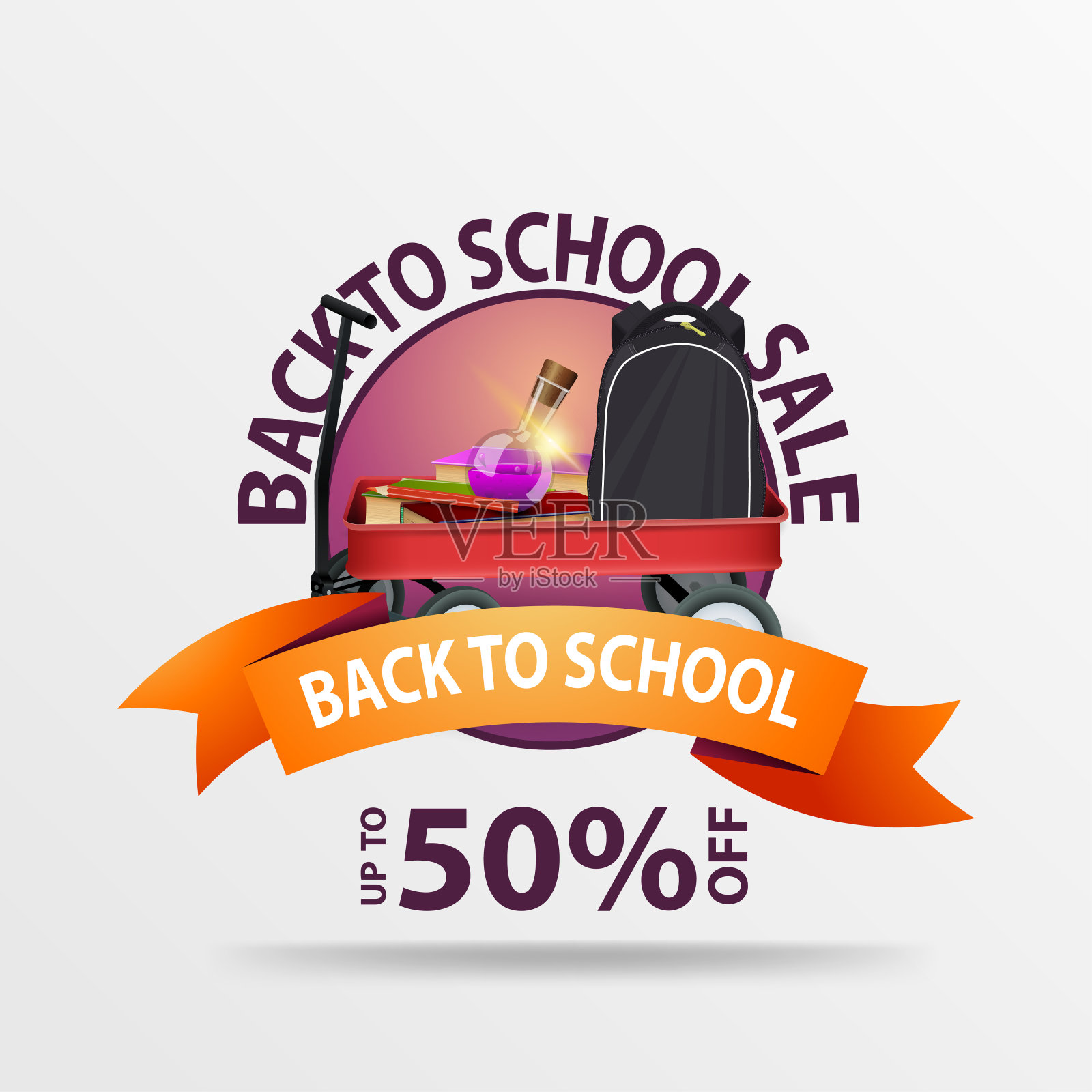 回到学校，用手推车和学校用品圆横幅插画图片素材