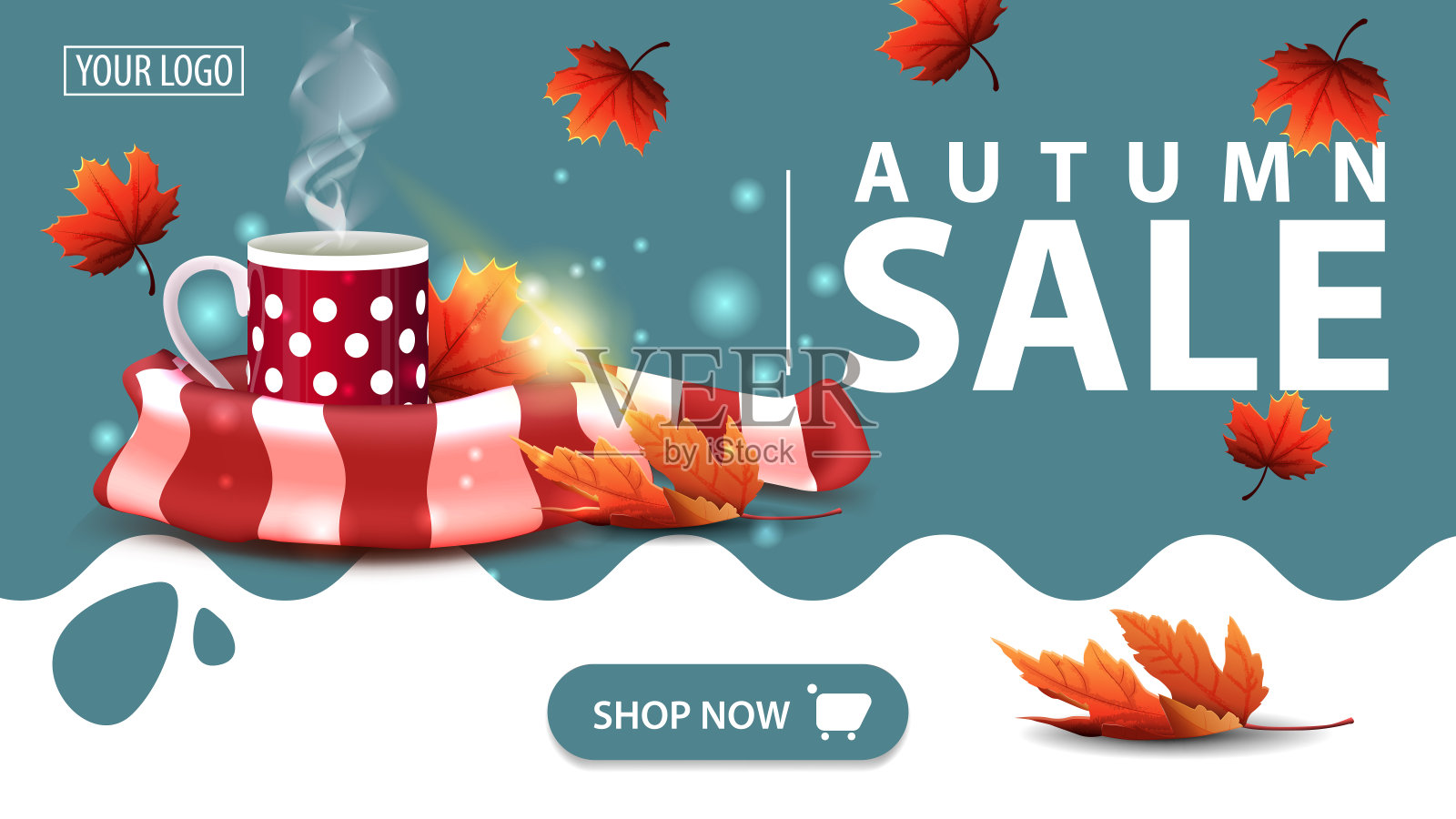 秋日大甩卖，横幅配一杯热茶，暖和围巾设计模板素材