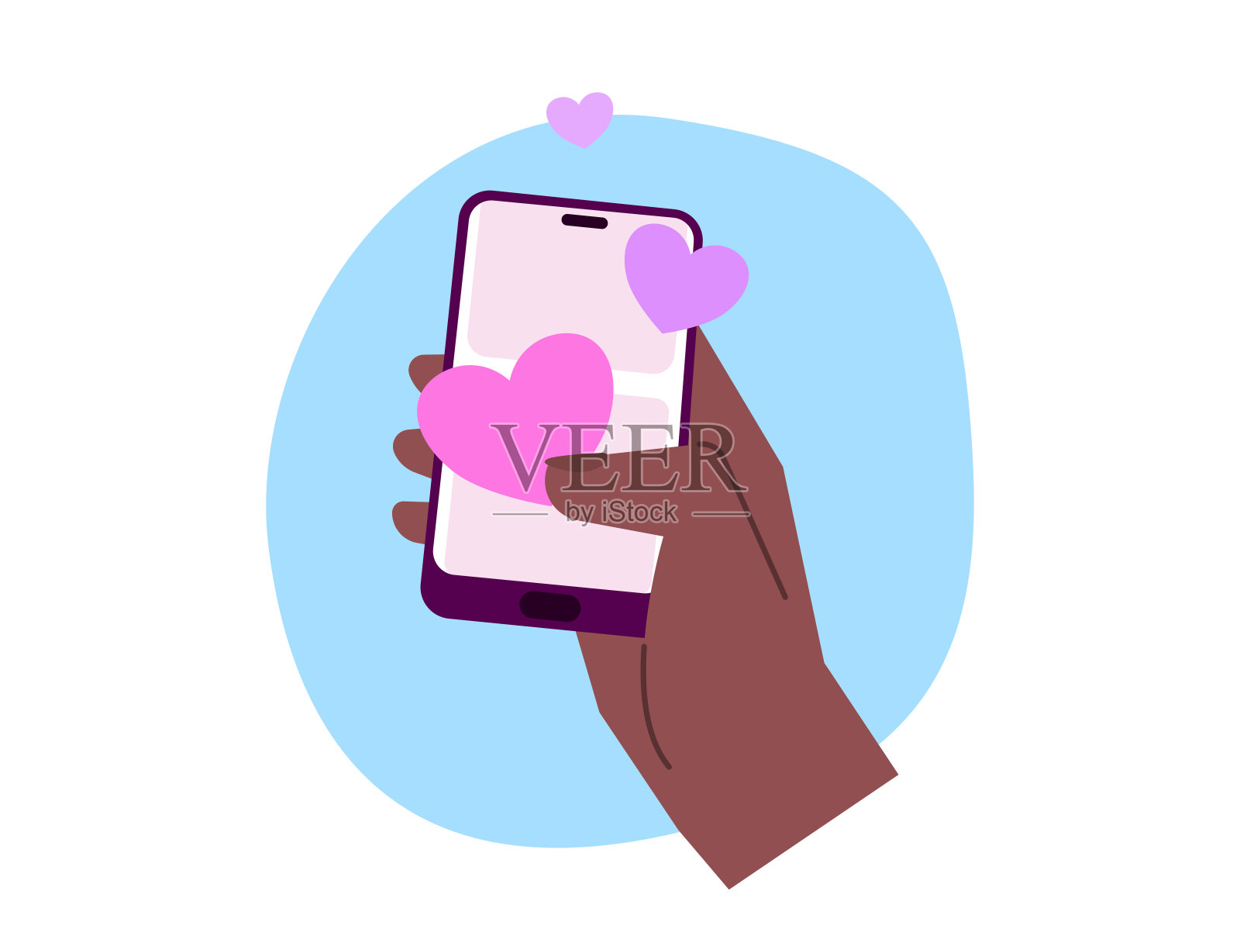 女性的手与现代智能手机和浮动的小心脏。社交媒体和约会应用的简单平面插图。横幅和网站概念的沟通和网络。插画图片素材