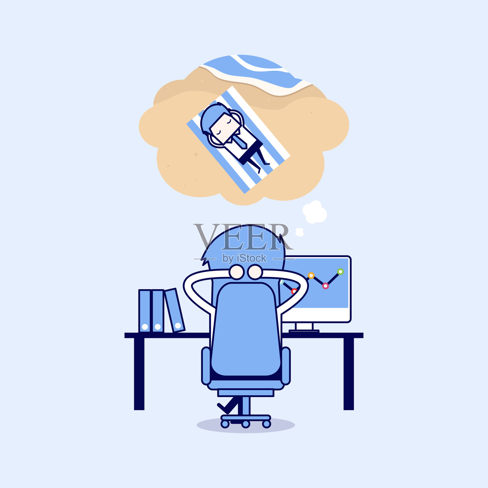 商人梦想度假。卡通人物细线风格矢量。插画图片素材